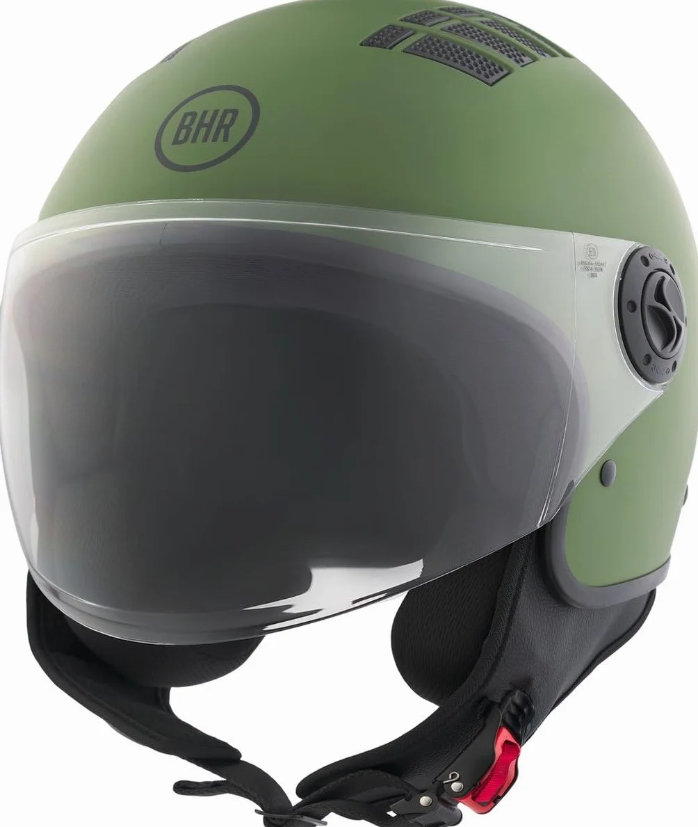 BHR Casco Demi-Jet 834 FLOW - Casco Scooter Estivo Omologato ECE 22.06 con 16 Fori di Aerazione - Visiera Antigraffio e Sgancio Micrometrico, Verde Opaco, L