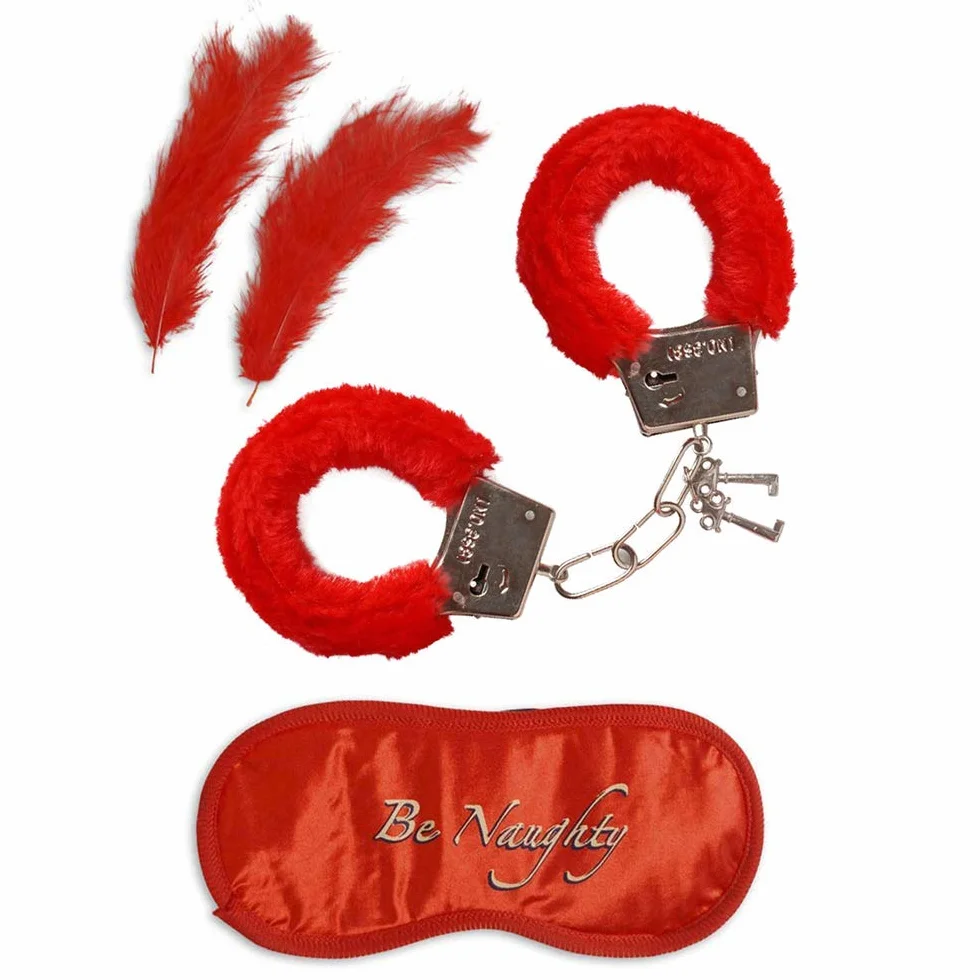 Accessori per giochi tra amanti 3 pezzi manette in peluche mascherina 2 piume rosse
