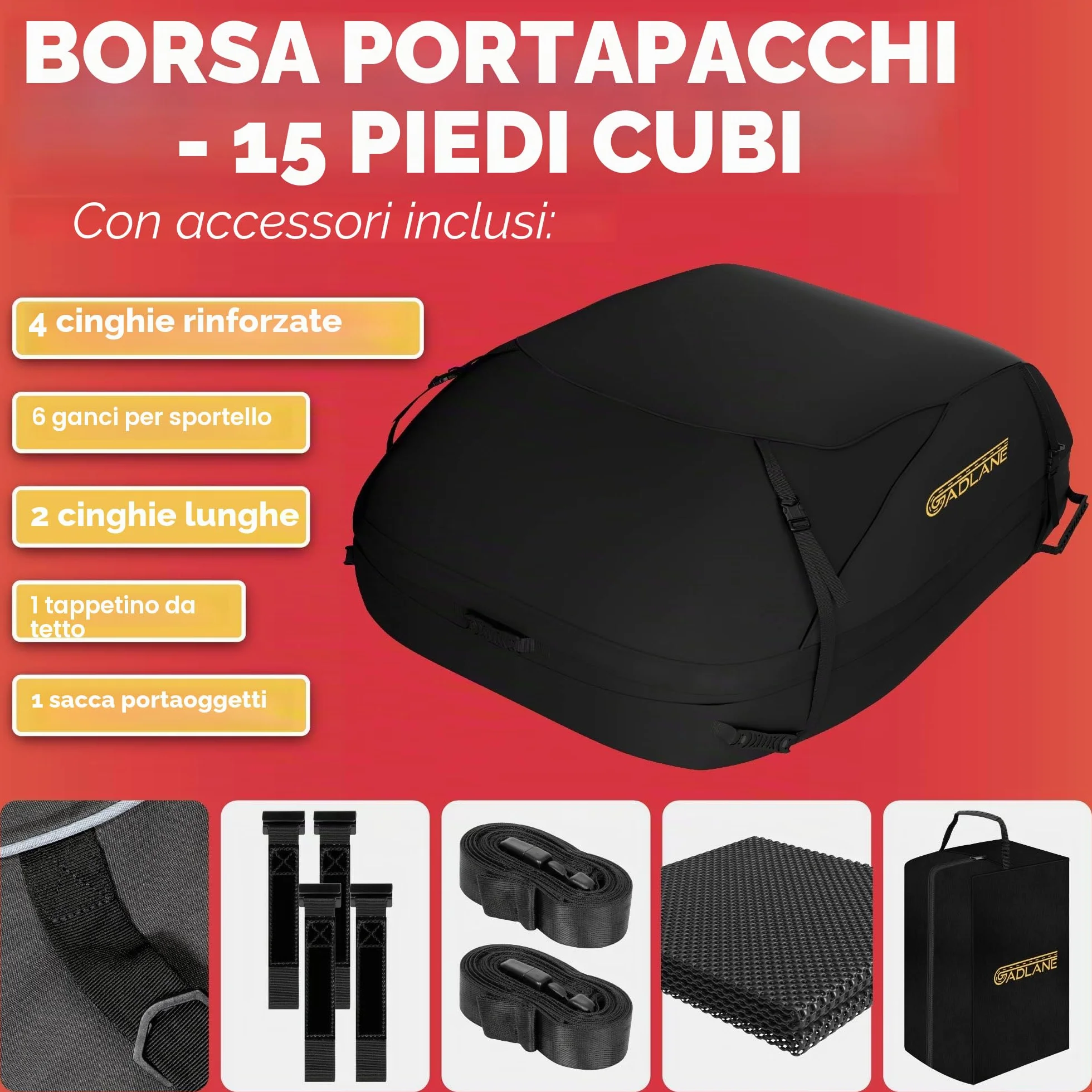 GADLANE Borsa da tetto per auto 400L impermeabile 4 cinghie robuste tappetino antiscivolo Nero