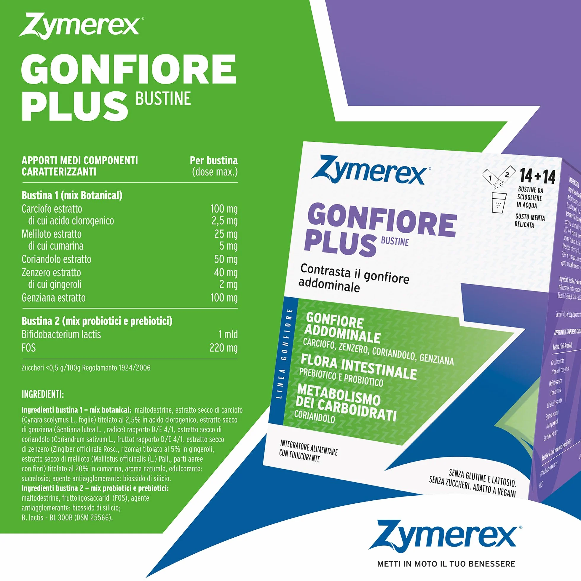 Zymerex Gonfiore Plus 14+14 bustine Probiotici Prebiotici Equilibrio Flora Intestinale Metabolismo Carboidrati Senza Glutine Lattosio Zuccheri
