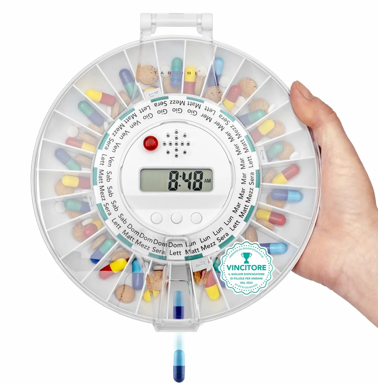 TabTime distributore di pillole automatico 6 timer al giorno coperchio trasparente bloccabile per anziani Alzheimer demenza senile