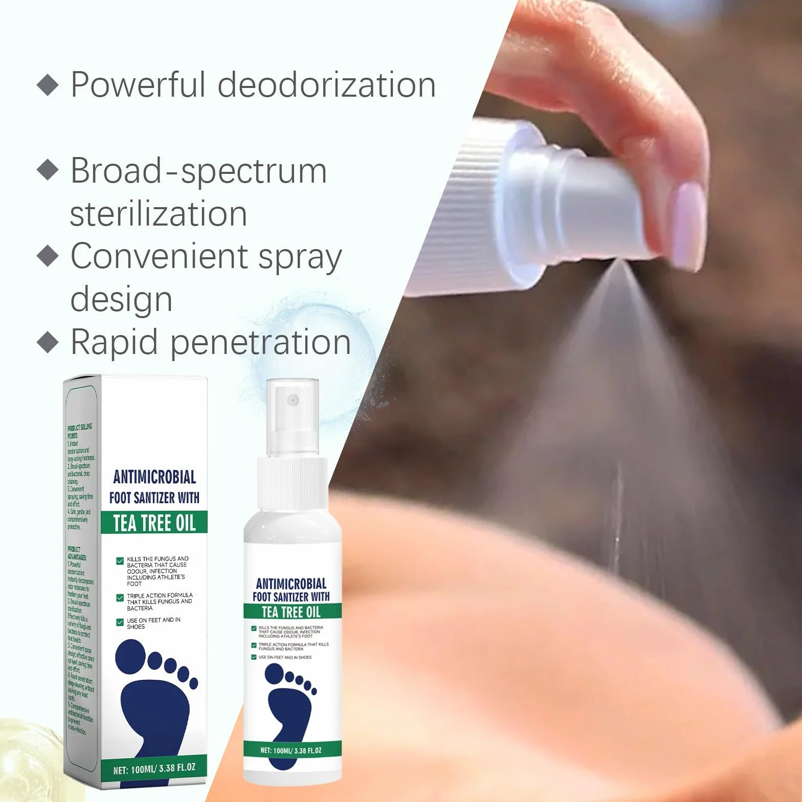 Spray per piedi Olio di Tea Tree Antimicrobico Antiodore Scarpe Calzini Freschezza Protezione Funghi