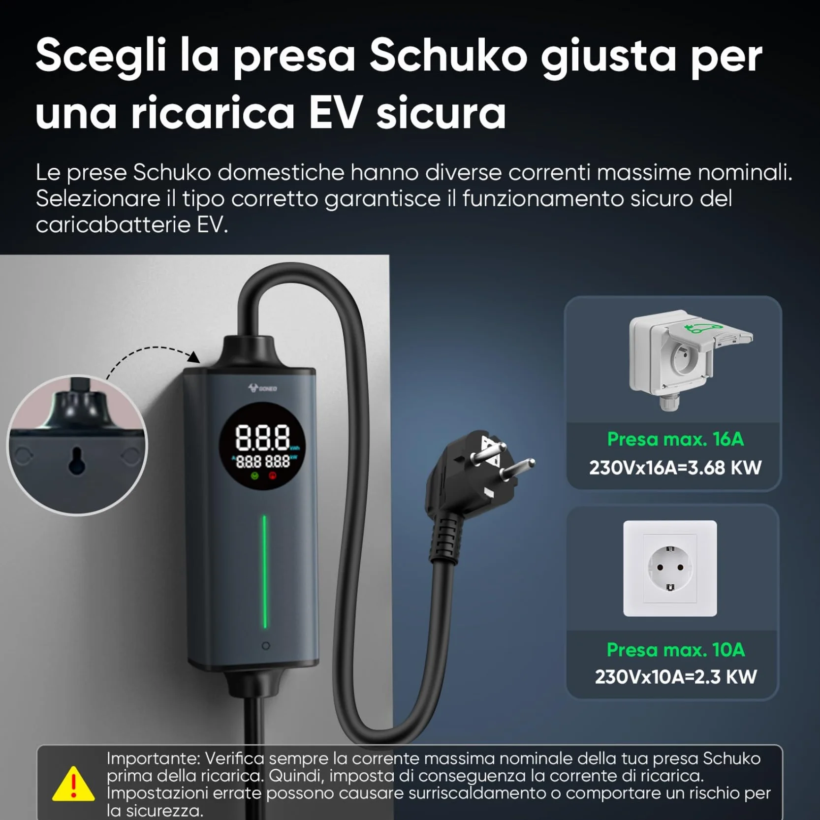 Cavo Ricarica Auto Elettrica Tipo 2 Schuko 16A 3,68kW Monofase 5M Caricatore Domestico VE