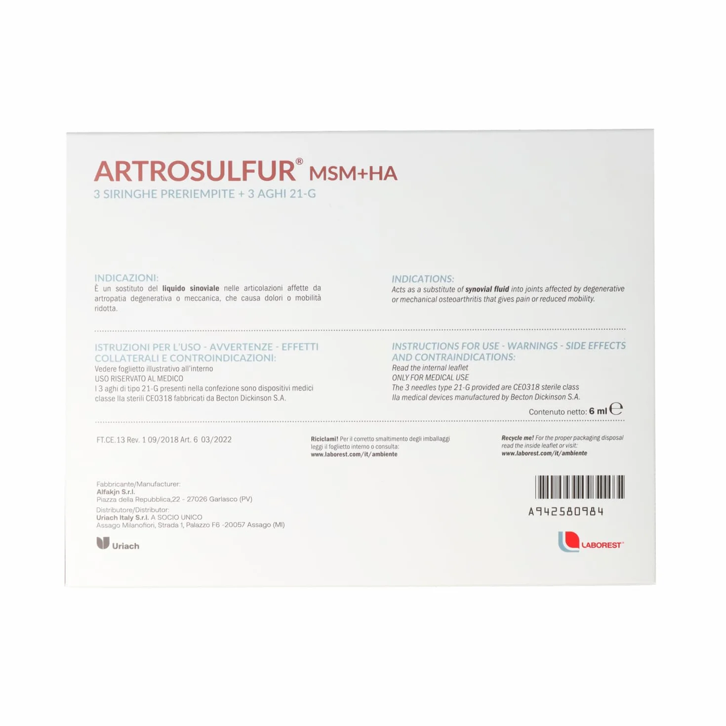 Laborest Artrosulfur MSM + HA 3 unità 2ml Acido Ialuronico