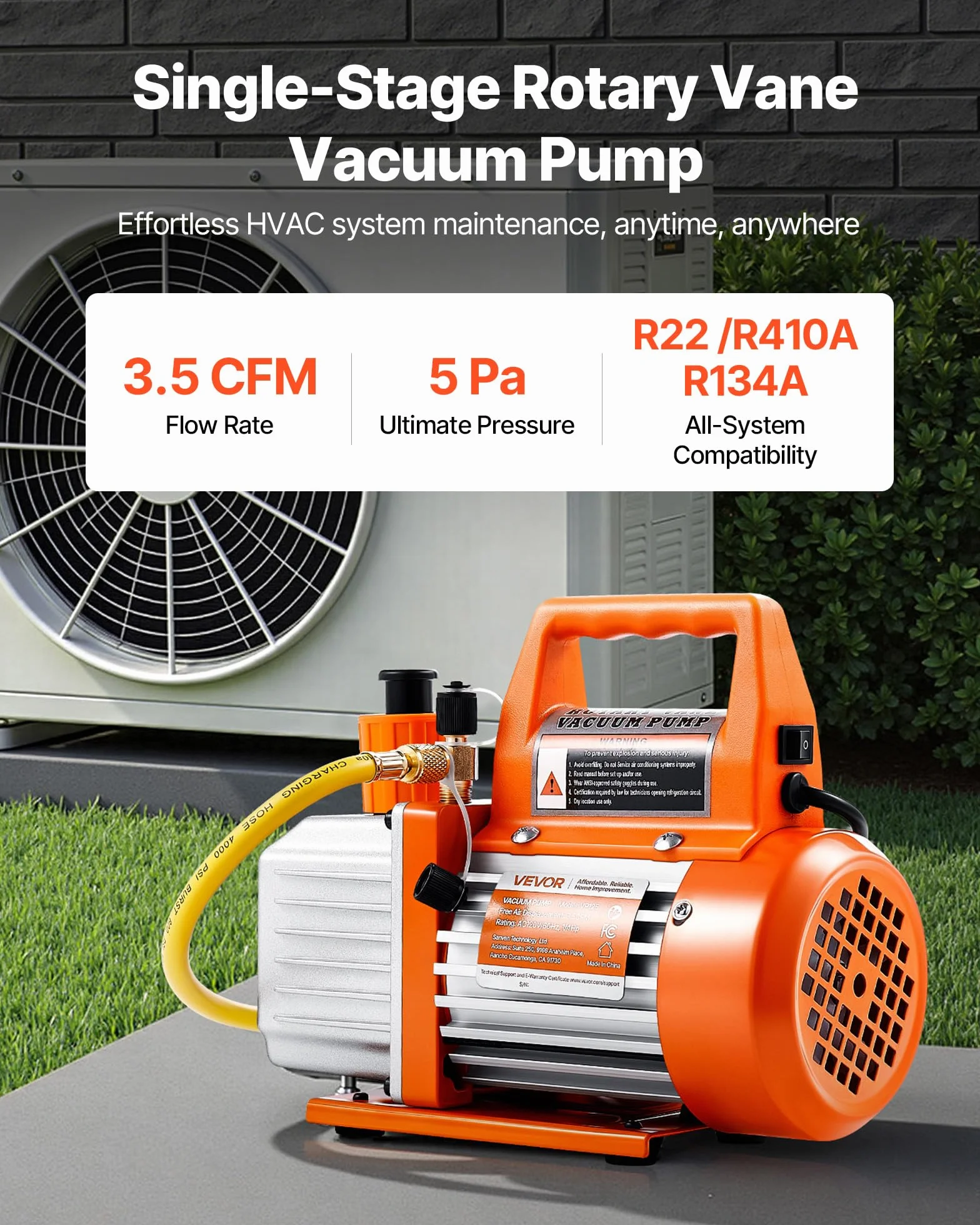 VEVOR Pompa per Vuoto 100 L/min a Palette Rotanti Monostadio HVAC R134a R22 R410a