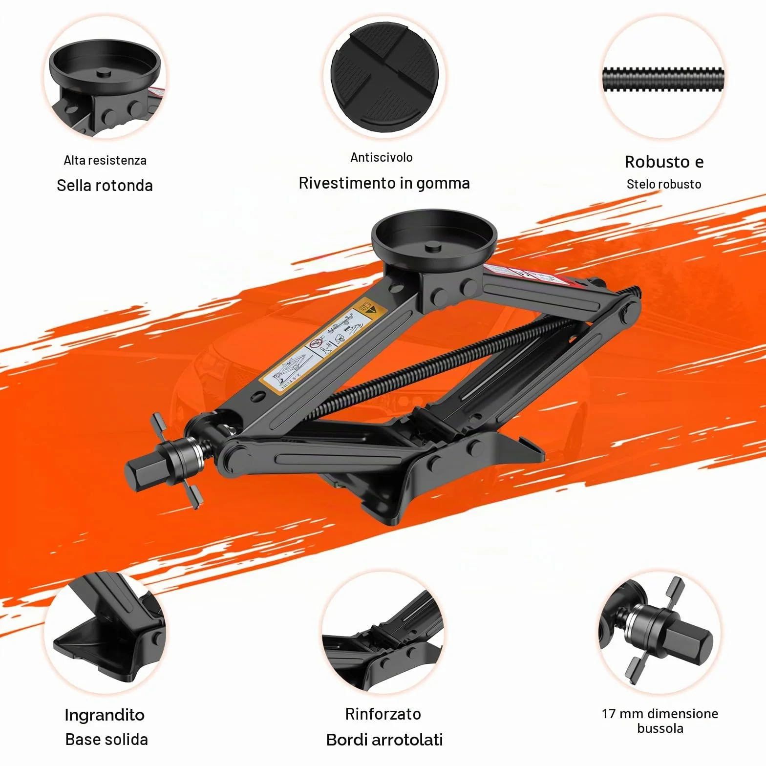 Cric Per Auto 2.5T 2500kg Universale Tampone In Gomma Portatile Con Chiave Per Dadi Ruota Kit Emergenza