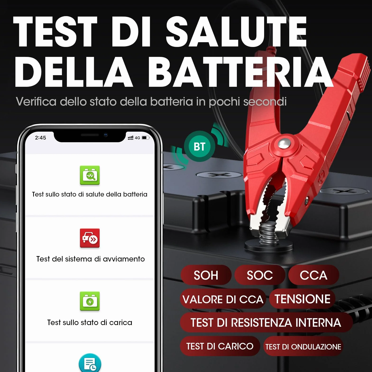 LAUNCH BST360 - Tester batteria auto 12 V, 100-2000 CCA Bluetooth strumento analizzatore della batteria Auto, test di salute di ricarica per auto camion moto ATV SUV barca Yacht