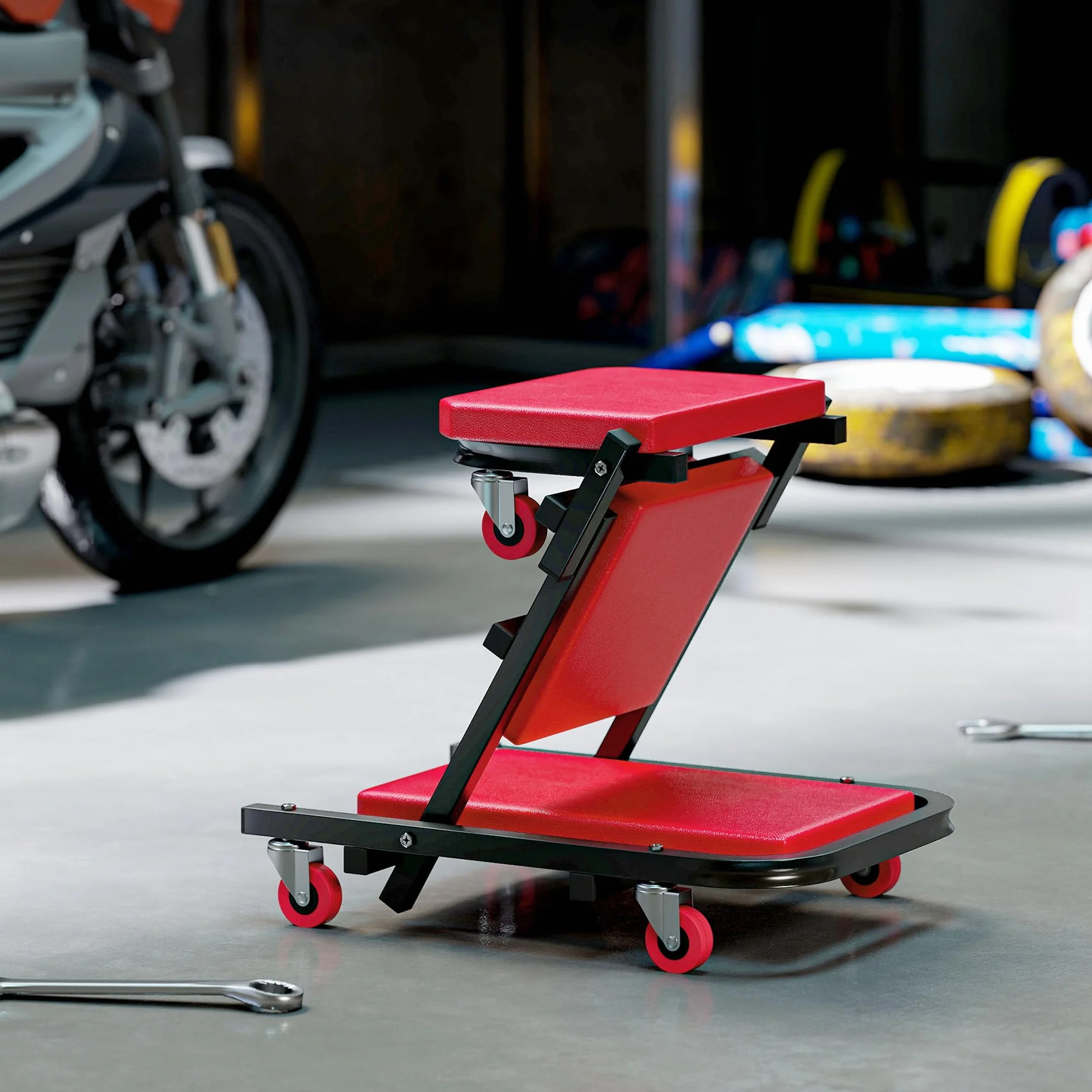 HOMCOM carrello di montaggio 2 in 1 Carrello di ispezione per meccanici pieghevole a Z 150 kg di carico, 6 ruote con rotazione a 360°, sgabello da officina con funzione di seduta e sdraiata, per