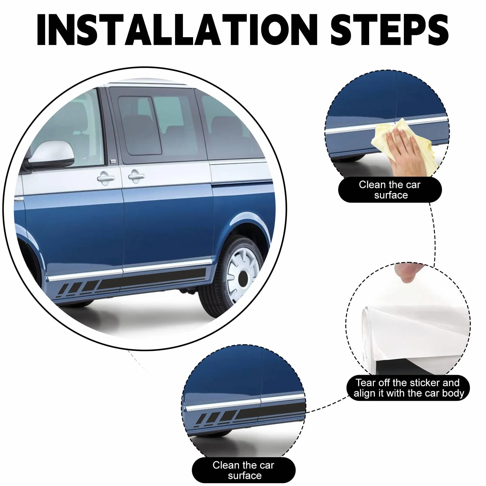 Strisce Laterali Sostituzione per VW T5 T6 T6.1 California 2003-2024, 2 Adesivi Laterali + 1 Adesivo Portellone Posteriore, Nero