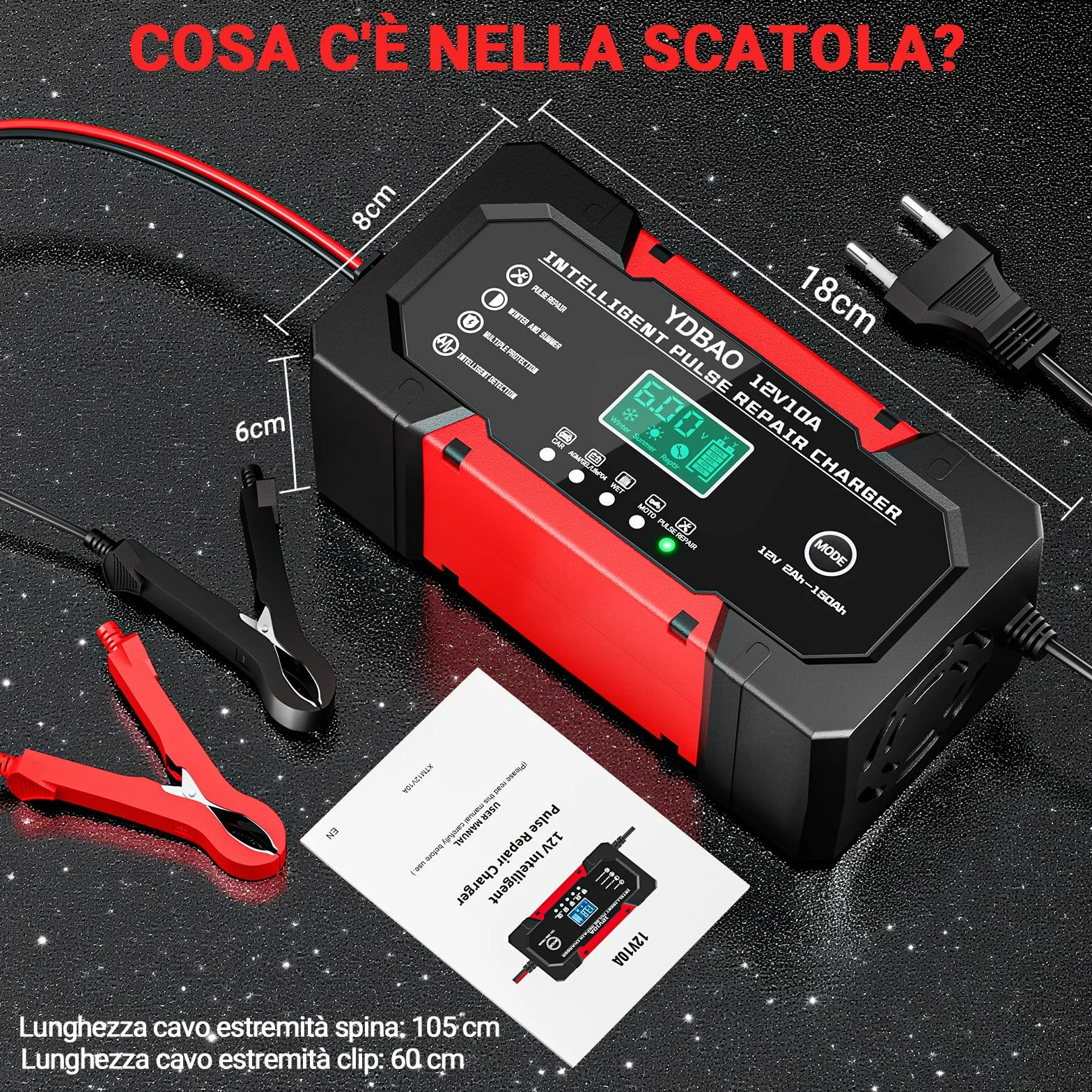 YDBAO Caricabatterie Auto 10A 12V Carica Batteria per Auto Moto Intelligente Multi Protezioni Riparazione di Moto Auto con Schermo LCD per AGM LiFePO4