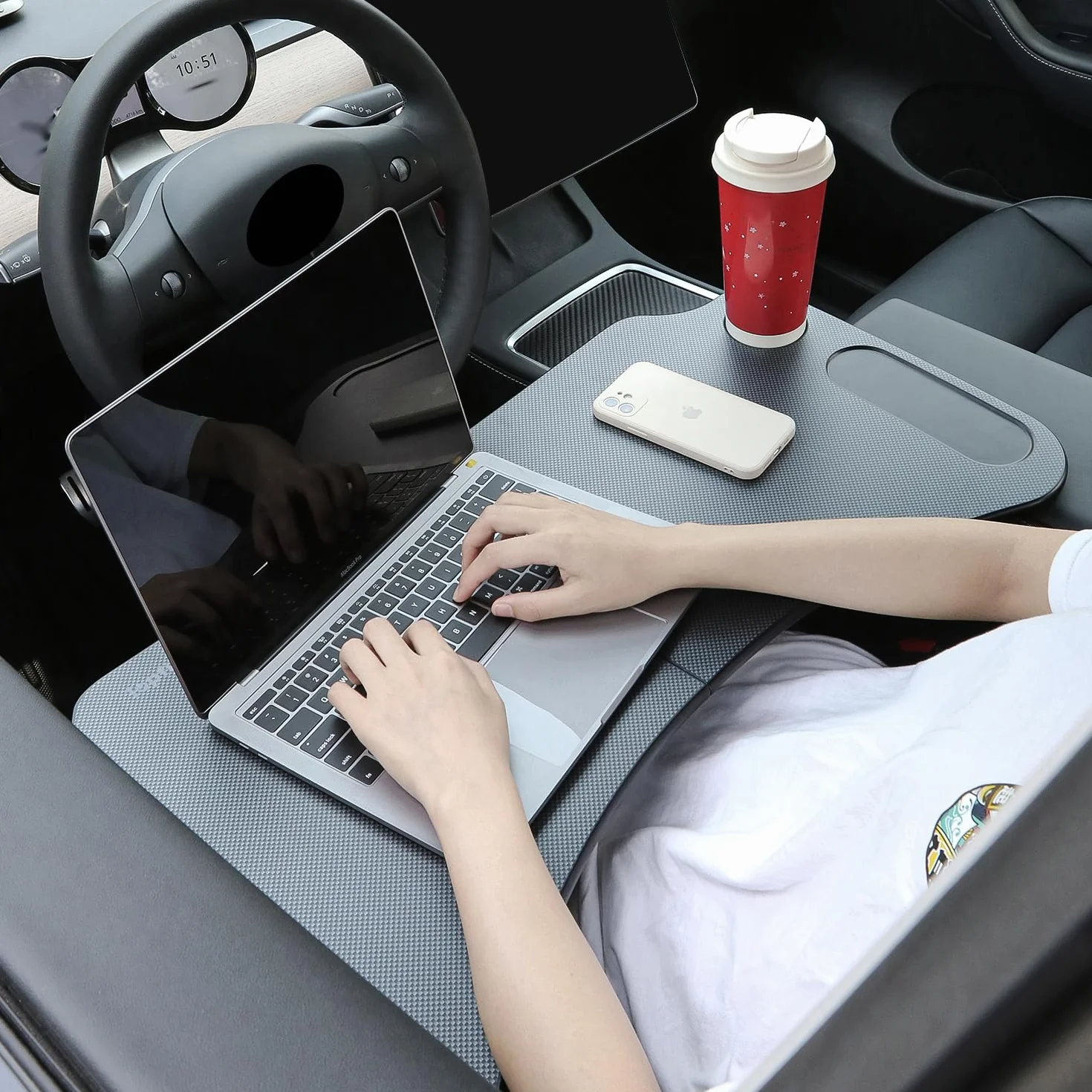 Tavolo da lavoro pieghevole per computer portatile per Tesla Model 3 Model Y Accessori per volante in fibra di carbonio