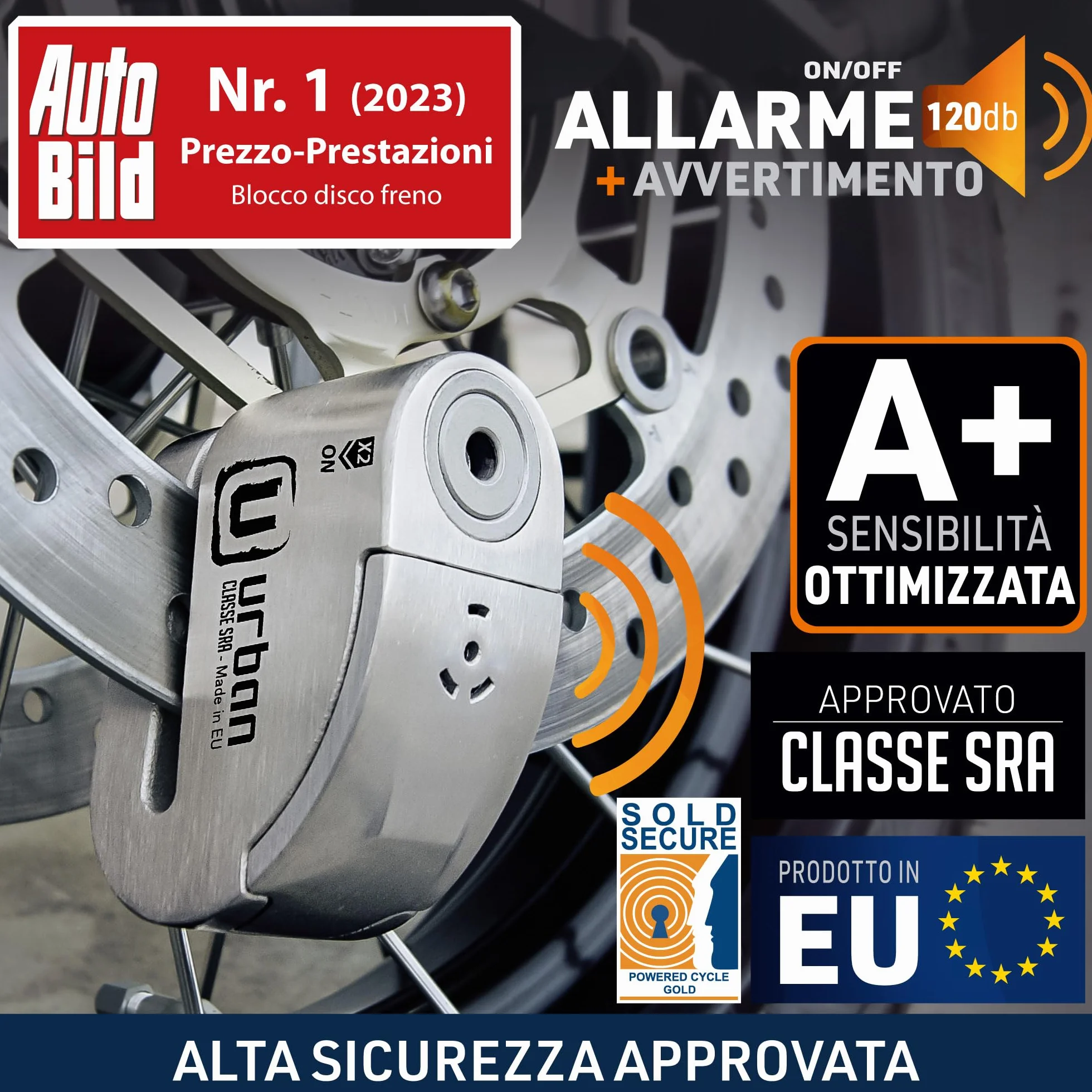 URBAN UR14S Blocca Disco per Moto Senza/Con Allarme Hi-Tech 120dB, Antifurto Moto Omologato SRA Massima Sicurezza, Warning Sensibilità A+, Acciaio Inox, Lucchetto Bloccadisco Doppio Bloccaggio 14mm