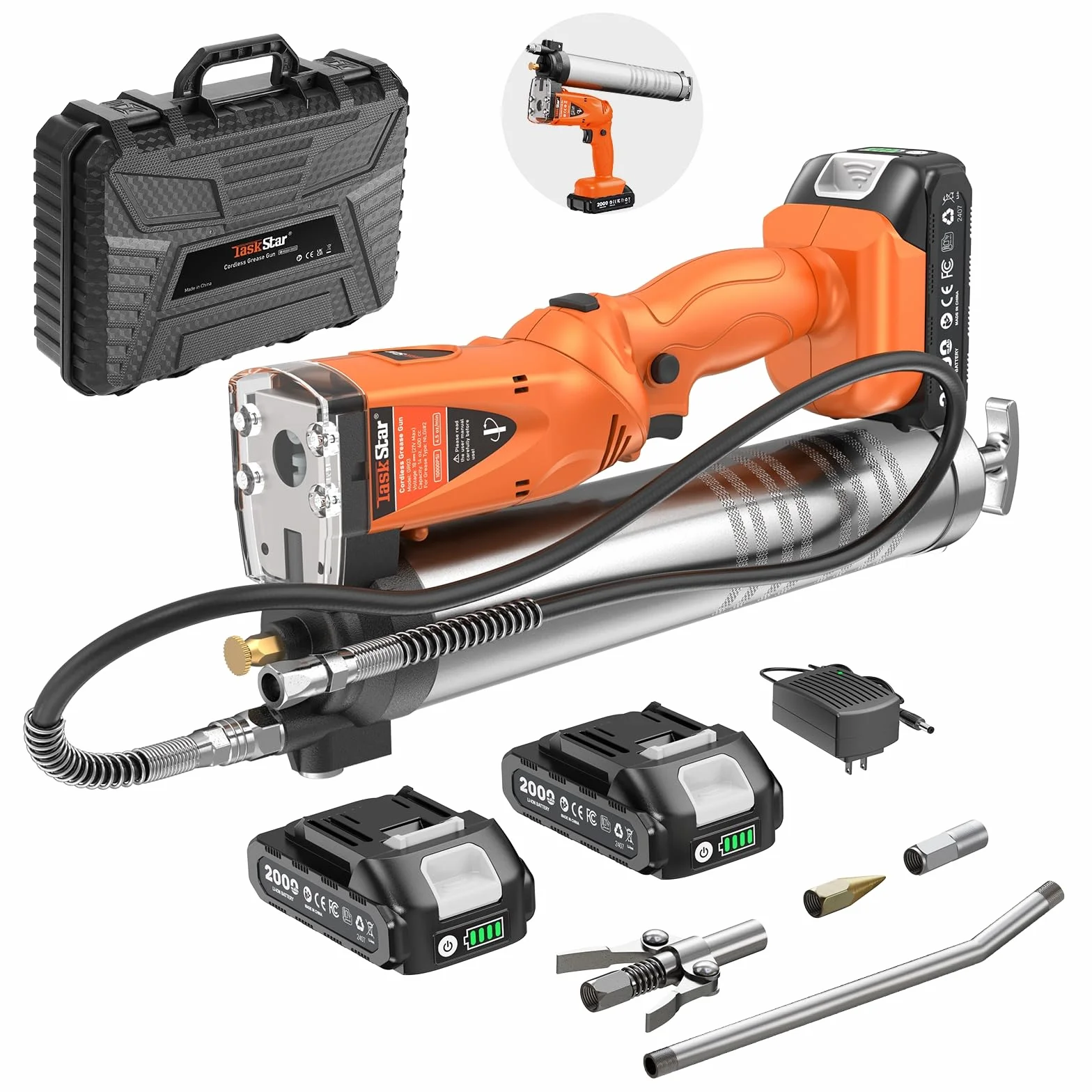 TaskStar 2-in-1 Ingrassatore a Batteria: 10000 PSI Pistola Grasso elettricoa con 2 Batterie, Tubo Lungo 39,4", 3 Testina Ingrassatore Professionale, Ideale per Macchinari Pesanti Come i Trattori