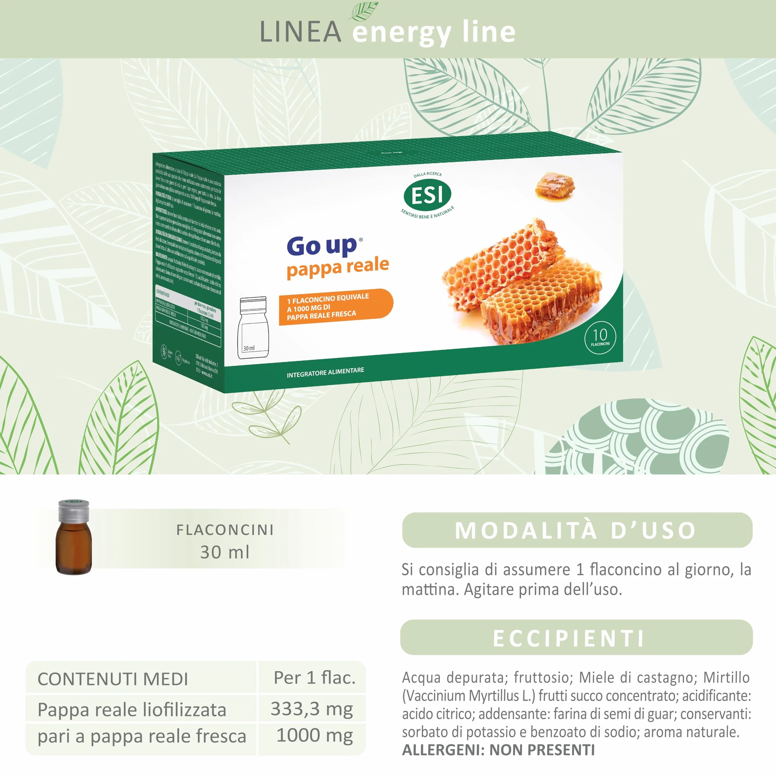 ESI Go Up Pappa Reale 1000 Integratore Alimentare con Vitamine A E B Magnesio Potassio Gusto Fragola 10 Flaconcini