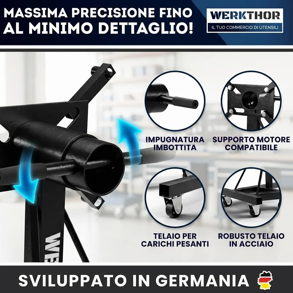 WERKTHOR Supporto Motore 570 kg Heavy Duty Engine Stand Girevole 360° Nero