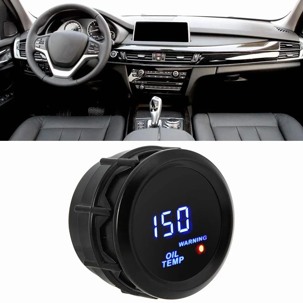 Indicatore di temperatura olio, 52mm Termometro olio con sensore 40~150 ℃ Indicatore di temperatura LED blu Display digitale Indicatore di pressione olio digitale per auto