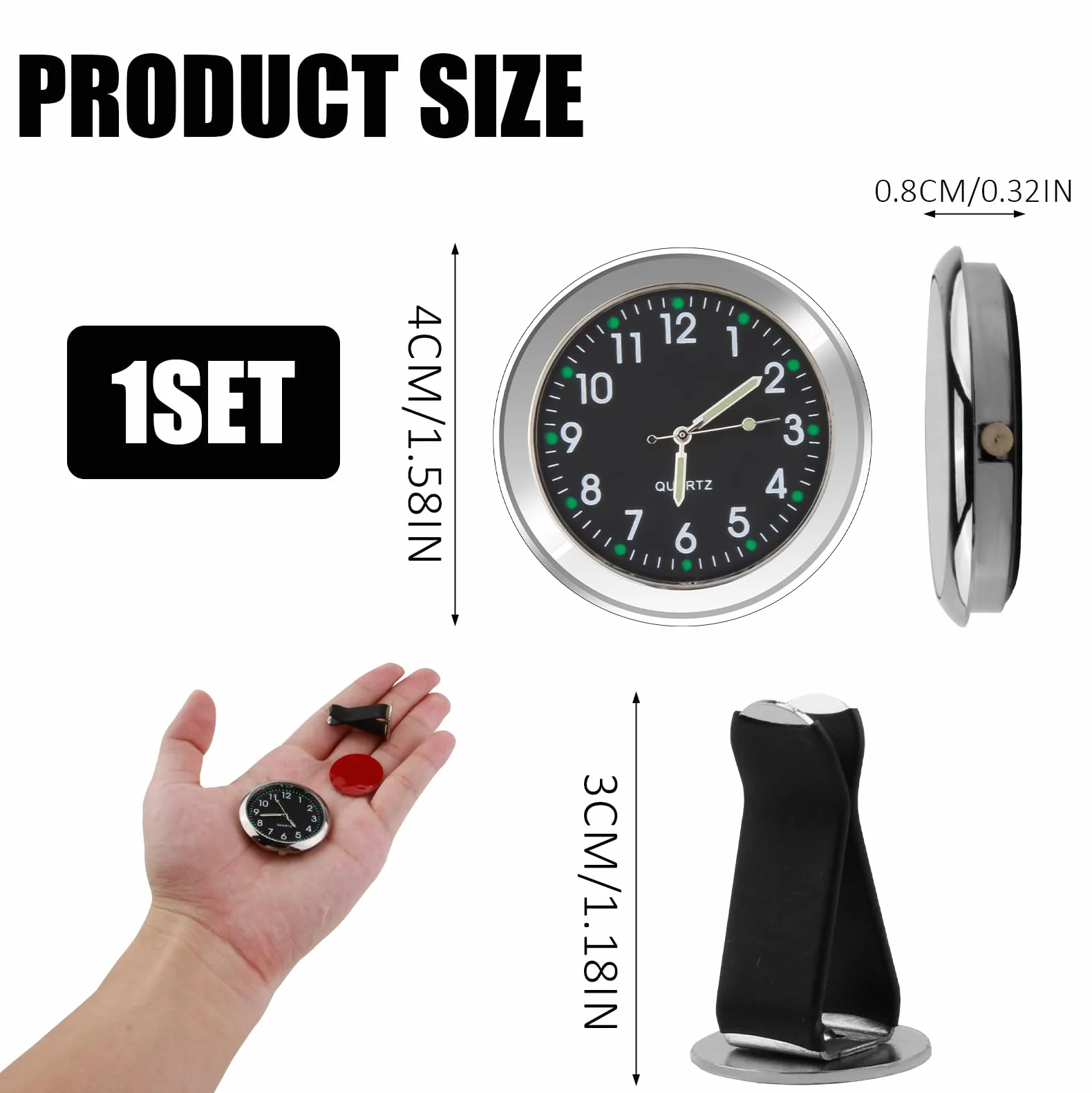 Orologio Universale Luminoso al Quarzo con Clip per Bocchetta dell'Aria e Adesivo per Decorazione Interni per Auto (Nero)