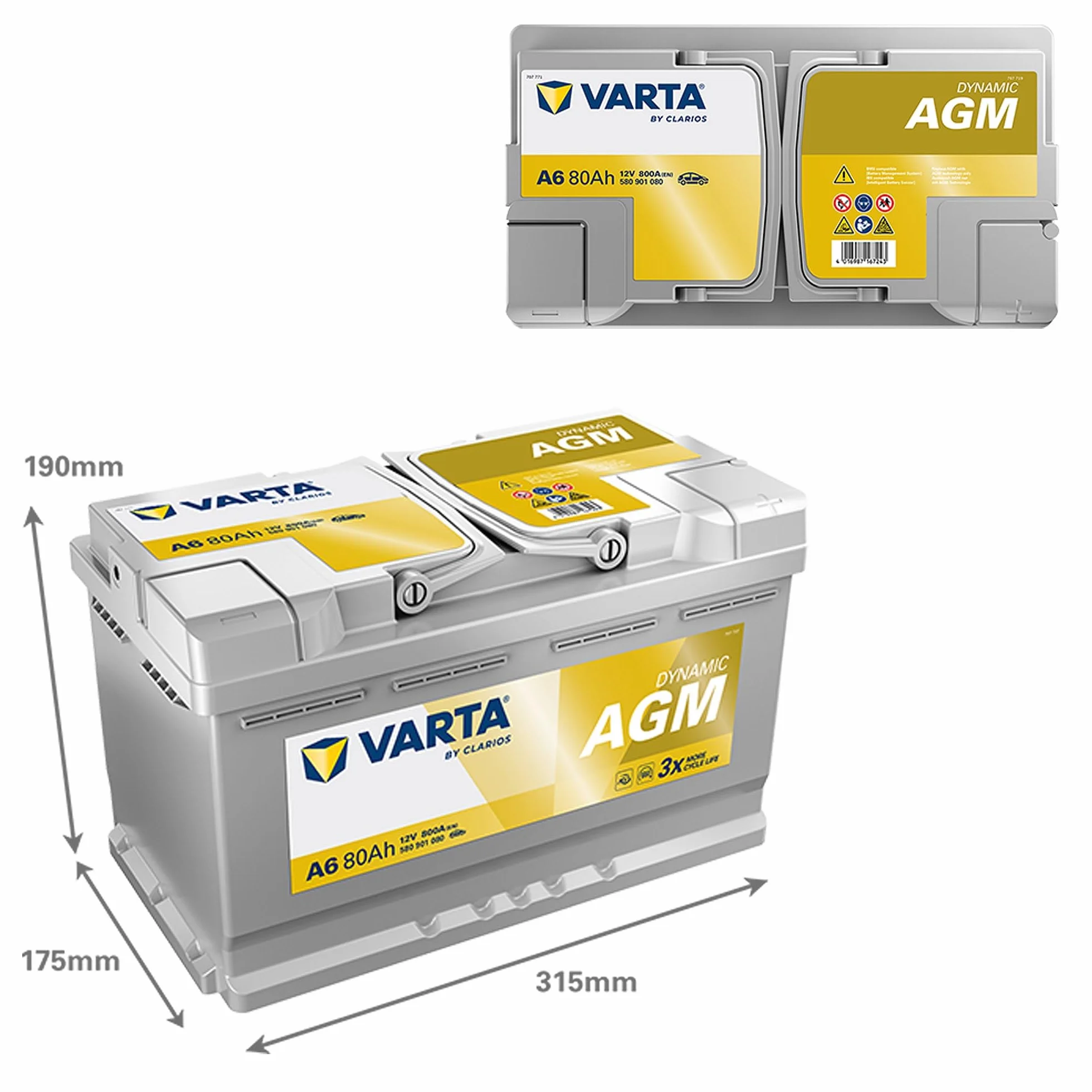 VARTA Automotive DYNAMIC AGM (A6) 12V 80Ah 800A Batteria auto al piombo-acido per start-stop e xEV