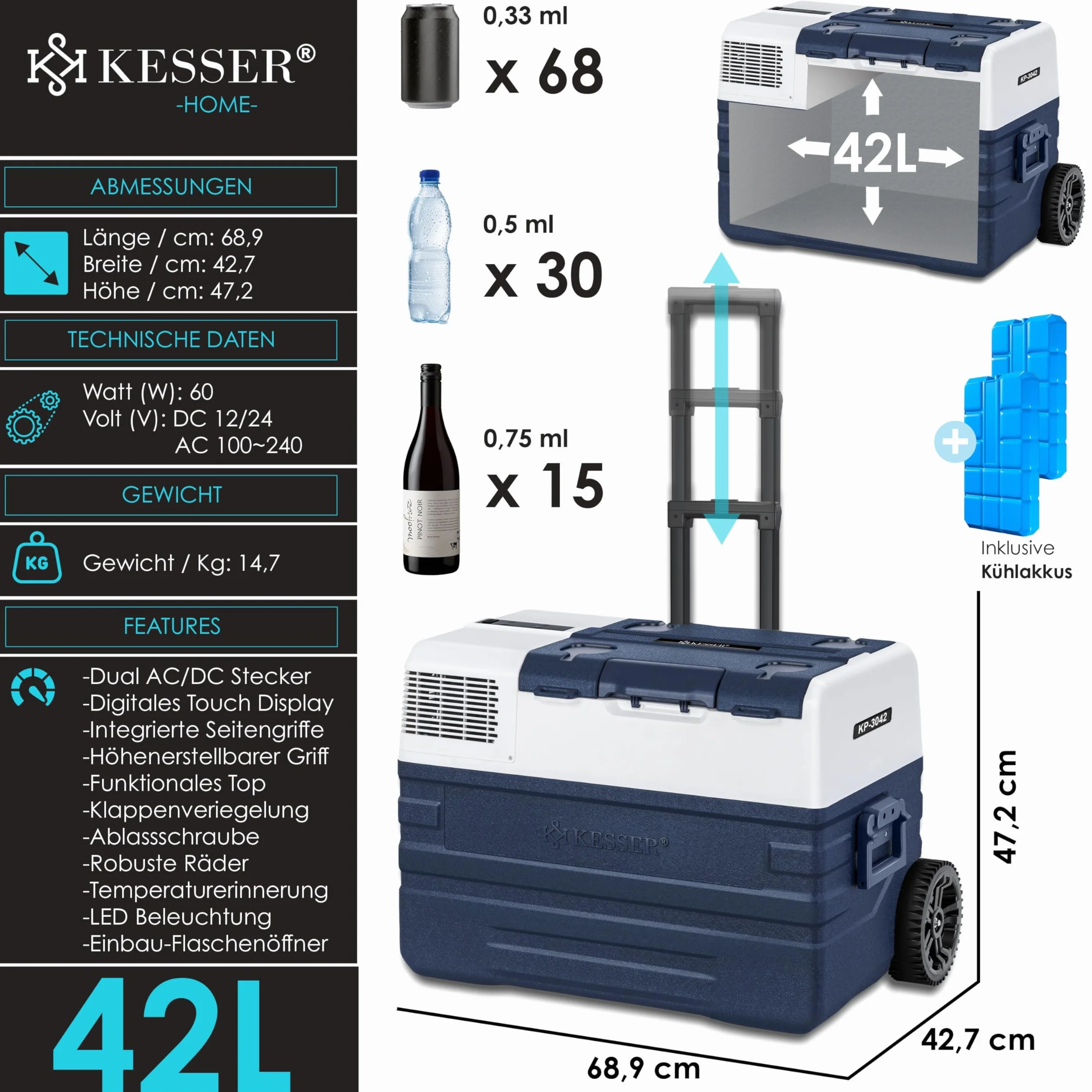 KESSER® Compressore Box congelatore elettrico Congelatore 42 litri, con controllo APP connessione USB 12/24 V 230V, +Telescopico Ruote Frigorifero raffreddamento a -20 ° C per auto, camion, barca