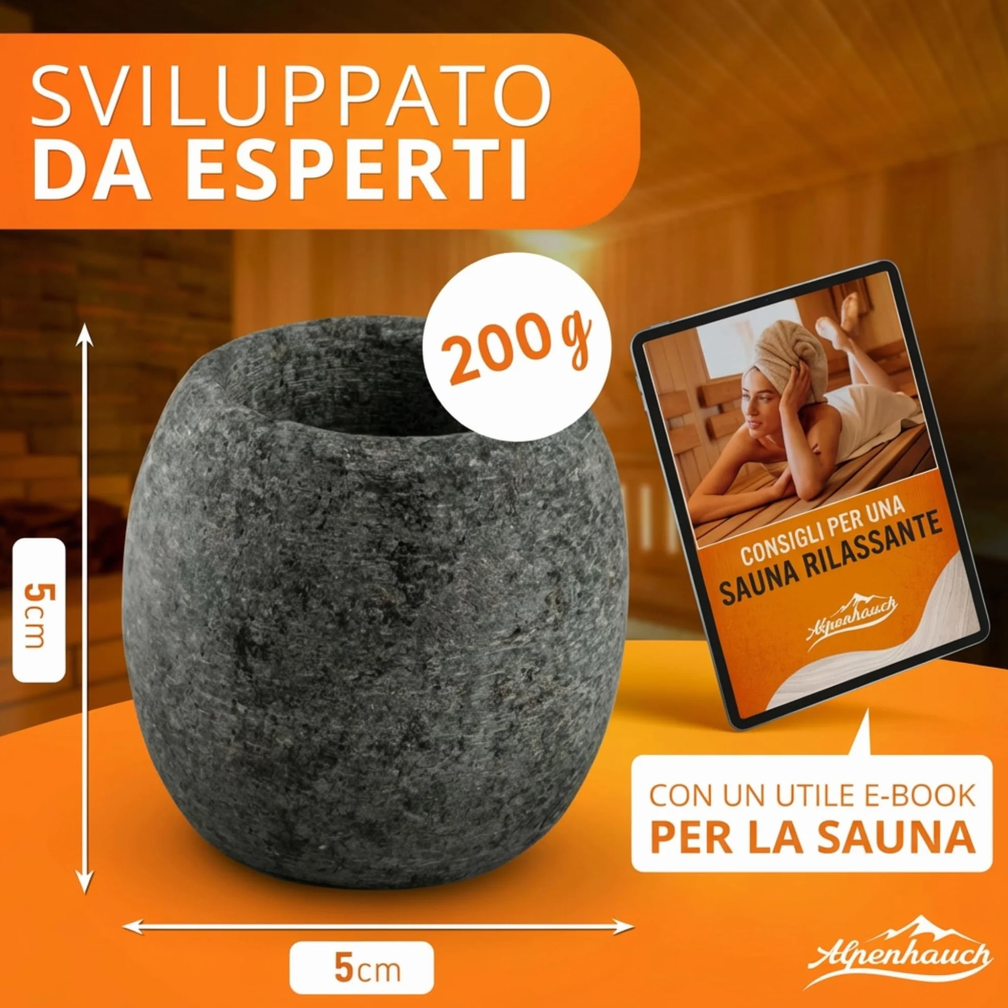 ALPENHAUCH Uovo per Sauna in Massiccio Pietra Ollare 5x5cm - Aromaschale per Profumo Intenso - Accessorio per Sauna