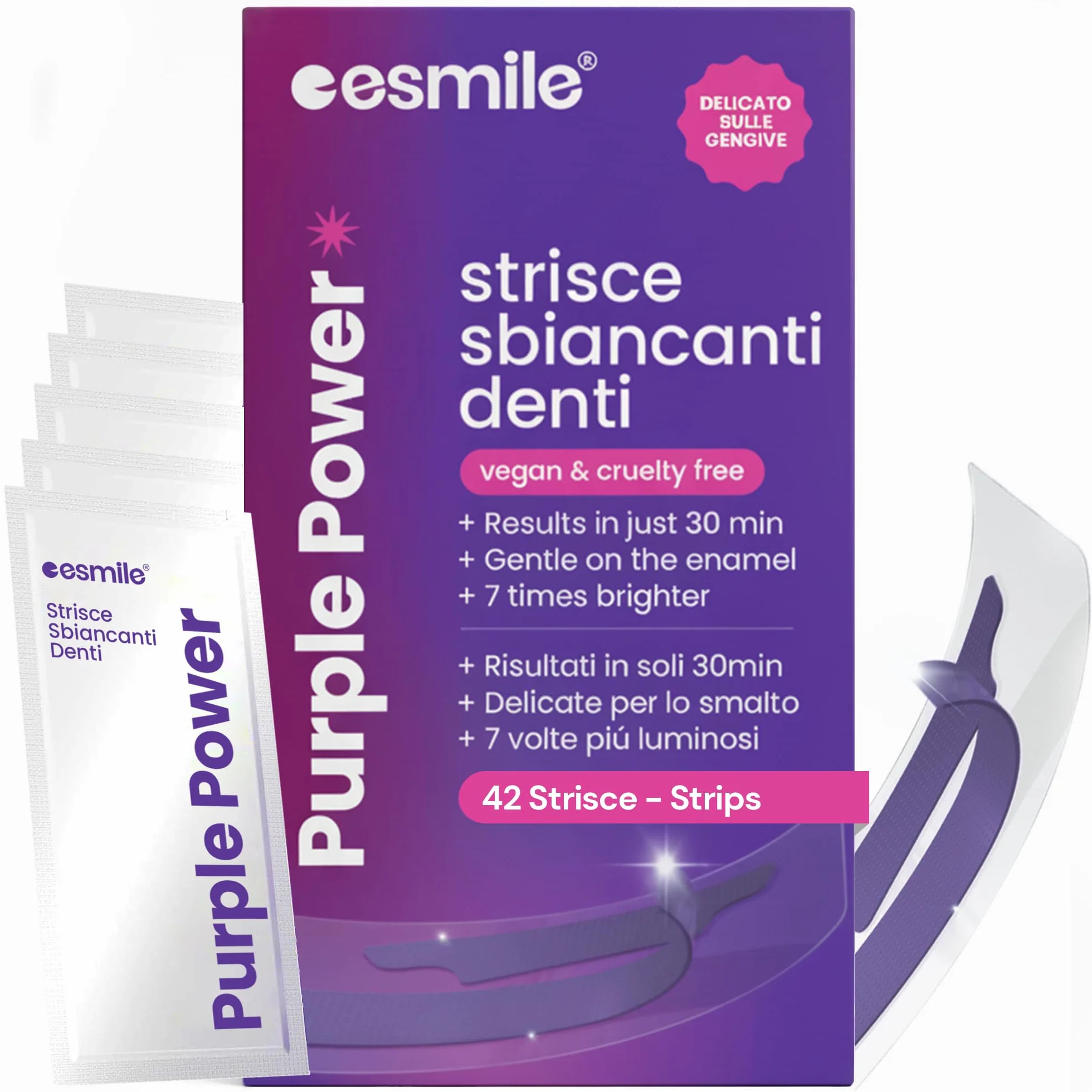 ESMILE 42 Strisce Sbiancanti Denti Professionali Viola - Sbiancamento Denti Rapido a Casa per Macchie da Caffè, Vino, Fumo