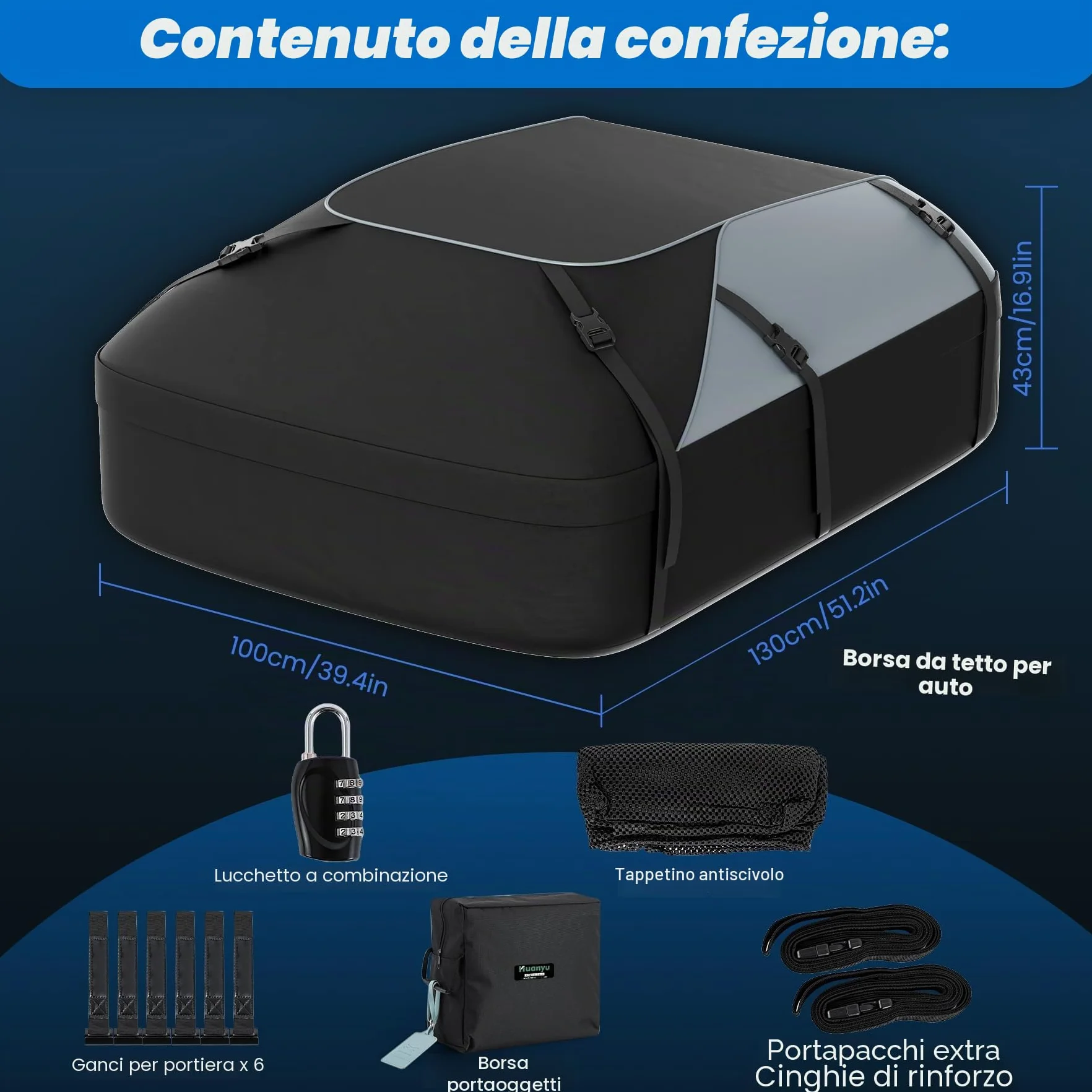 Huanyu Borsa da tetto per auto 20 piedi cubi/550L Box da tetto per auto Tenda da tetto impermeabile per veicoli Tenda da tetto per veicoli con o senza portapacchi per auto Portabagagli da tetto