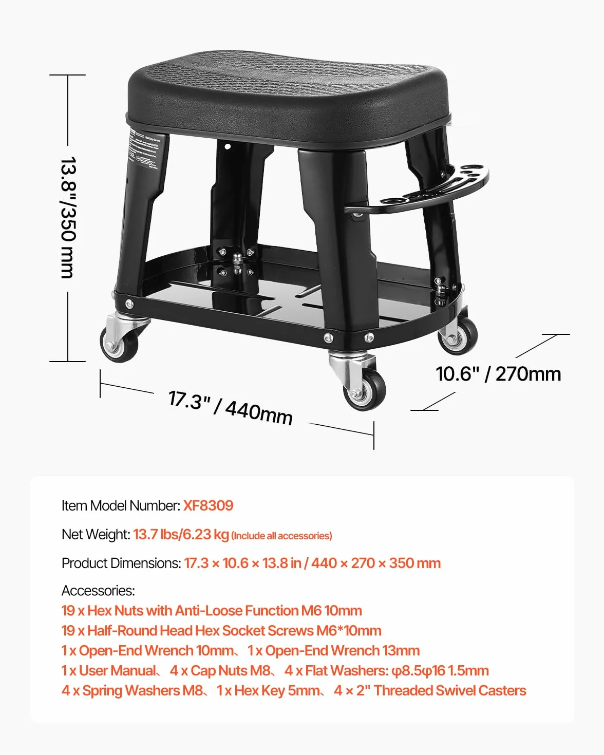 VEVOR Sgabello da Meccanico, Capacità di 136 kg Sgabello da Garage Girevole a 360° con Ruote, Vassoio Portautensili e Portacacciavite, Resistente, per Garage, Officina e Riparazione Auto, Nero