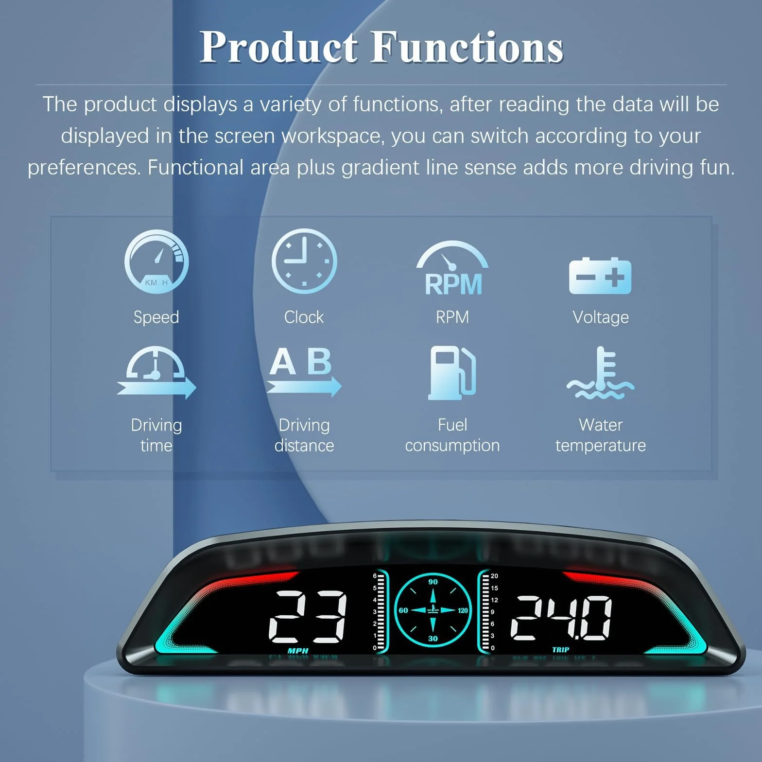 Car HUD Head Up Display, MPH and KM/H, AMROOLOO, Heads Up Display Car, Display Car Speed, RPM, Time and Other Functions, Digital Speedometro Auto MPH