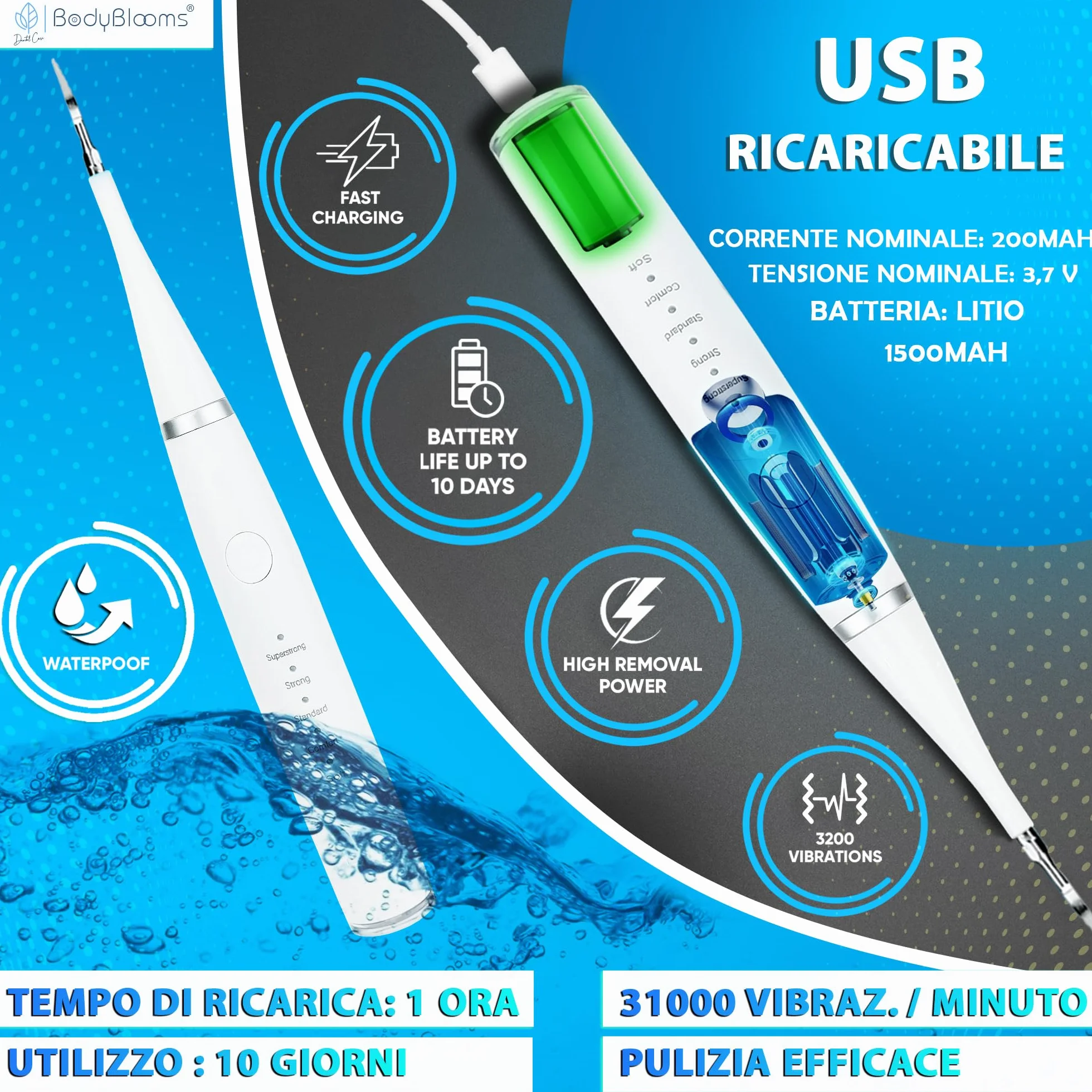 Bodyblooms® Kit Pulizia Denti Tartaro 5 Intensità Elettrico Igiene Dentale Con Accessori Set Rimozione Tartaro
