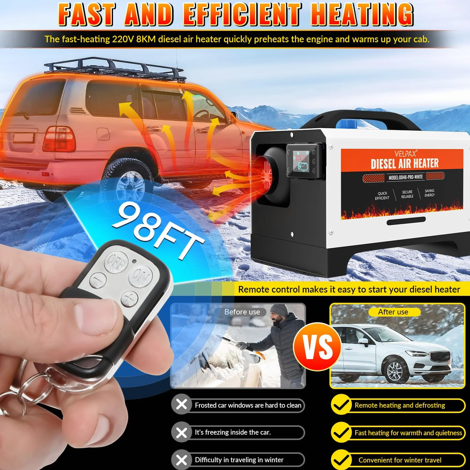 VELPAX Riscaldatore d'Aria Diesel all-in-One 8KW 12V 24V 220V riscaldatore d'Aria Diesel con silenziatore, LCD e Telecomando Riscaldamento rapido per Camper,Macchine,Camion,Barche,Autobus