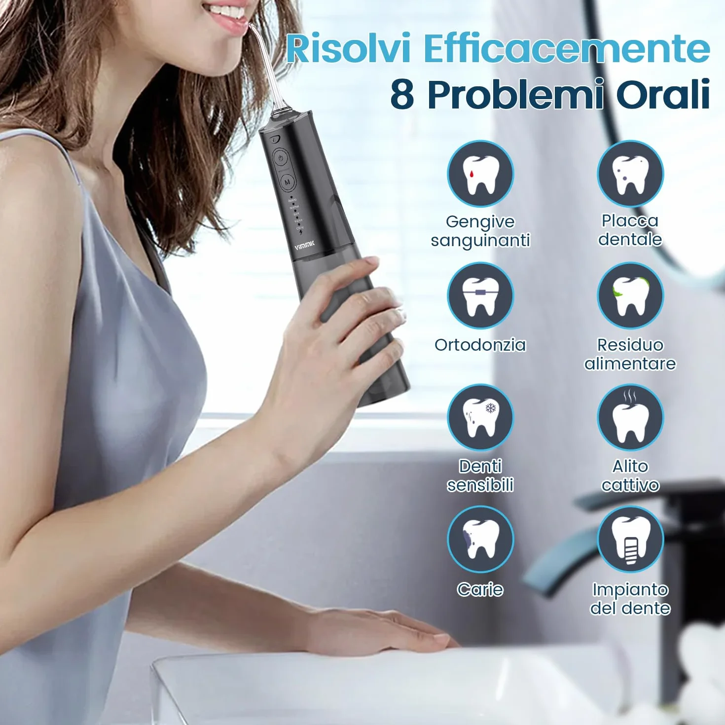 Vimmk Irrigatore Orale Senza Fili, Idropulsore Dentale Ricaricabile Impermeabile IPX7 Nero