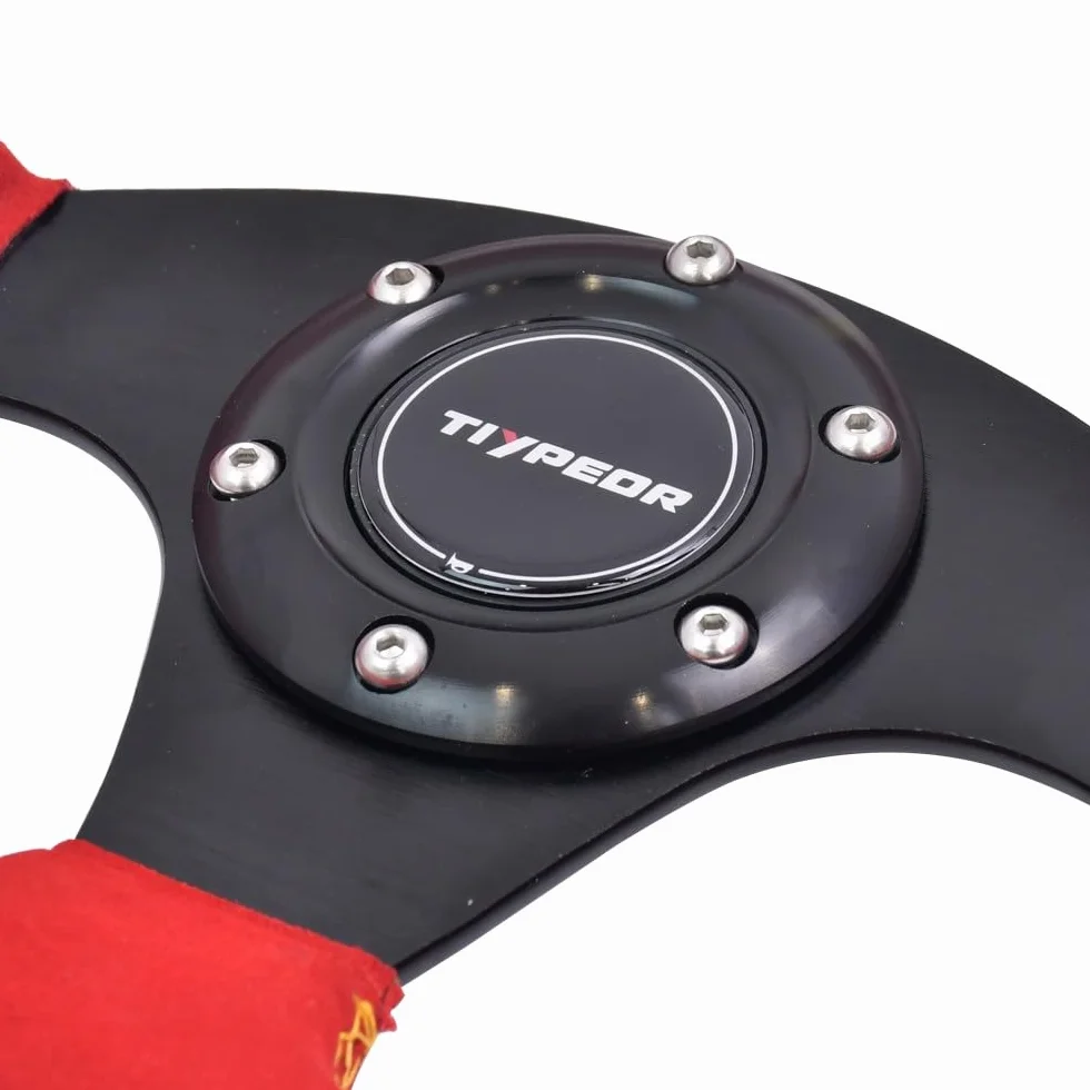 Volante da corsa a forma di D per go-kart, 320 mm (12,6"), in pelle scamosciata nera con cuciture blu, per auto sportive, drifting e simulatori di guida.