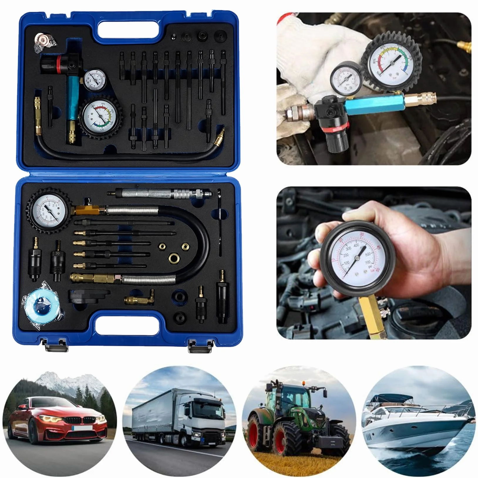 46 Pezzi Tester di Compressione Professionale, Tester di Perdita di Pressione per Motori Diesel e Benzina (blue)