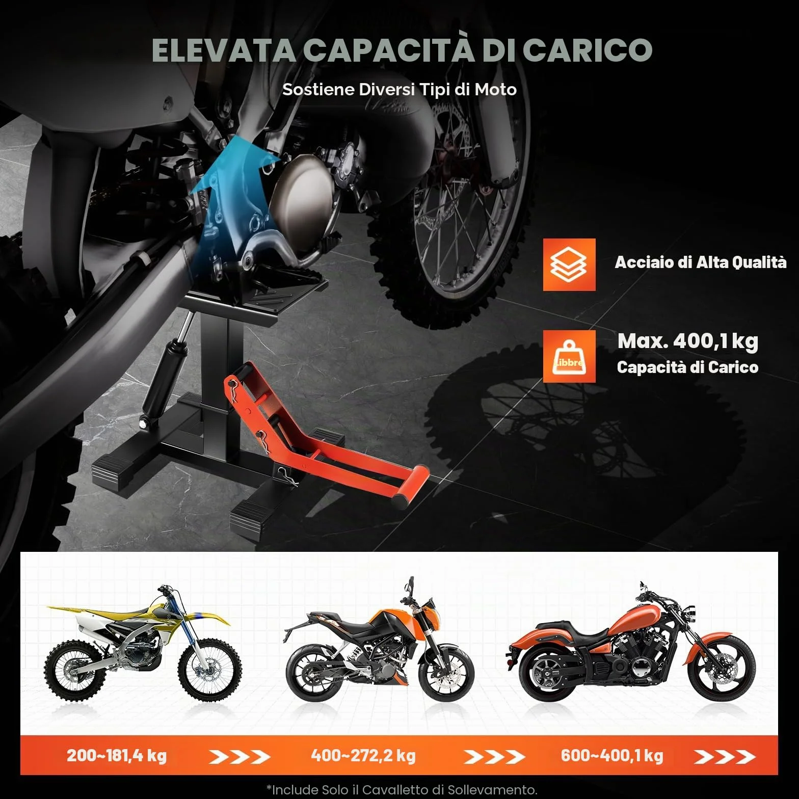 Cavalletto idraulico per moto, ponte sollevatore professionale per moto, supporto per moto, cavalletto universale per moto, portata massima 400 kg