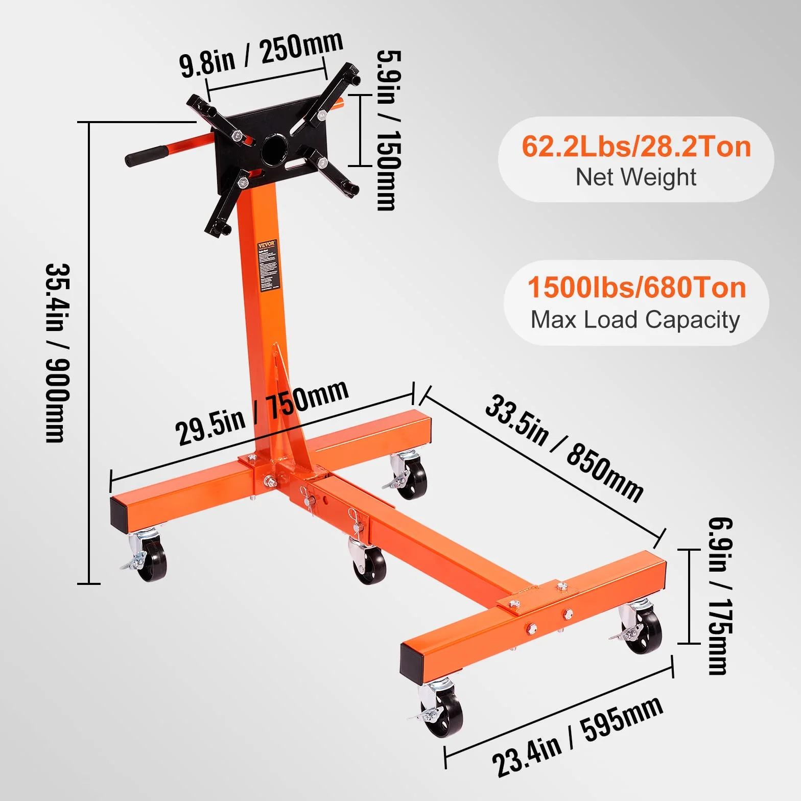 VEVOR Cavalletto di Supporto per Motori 680kg Pieghevole, Supporto Motore Mobile 5 Ruote Bracci Girevoli 360°