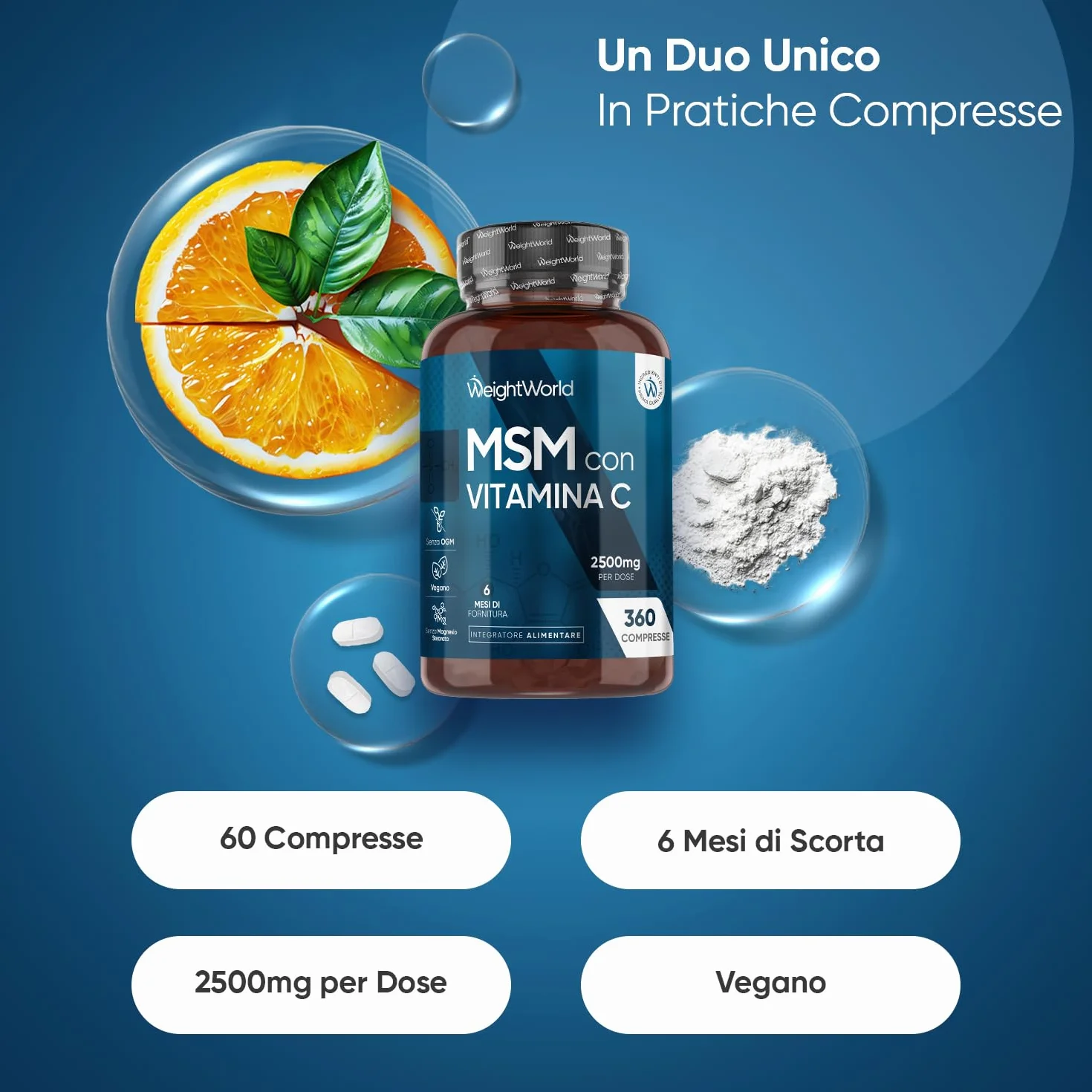 MSM Integratore 2500mg 360 Compresse Vitamina C Metilsulfonilmetano Vegano Senza Glutine