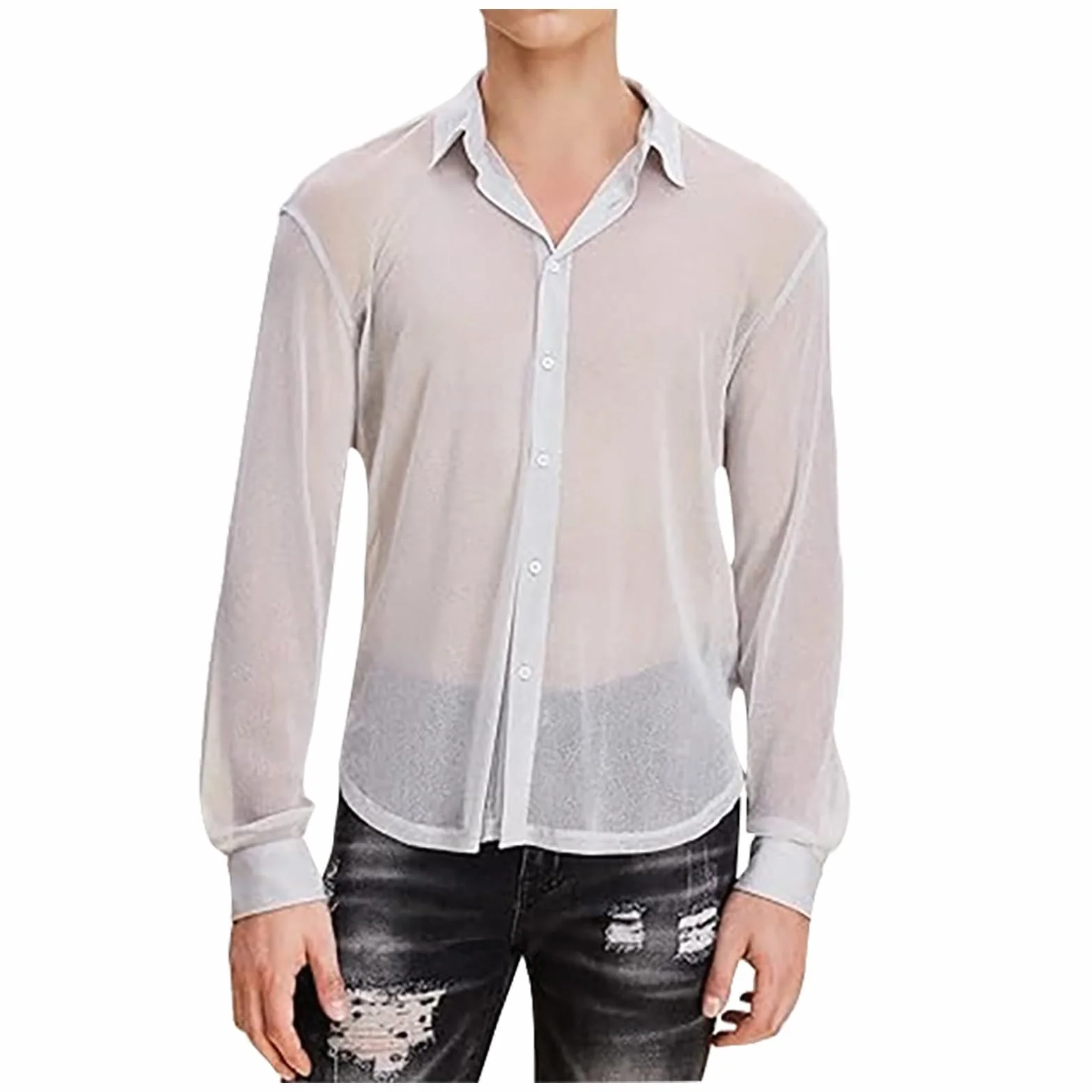 Camicia da uomo a rete trasparente maniche lunghe sexy pizzo sottile