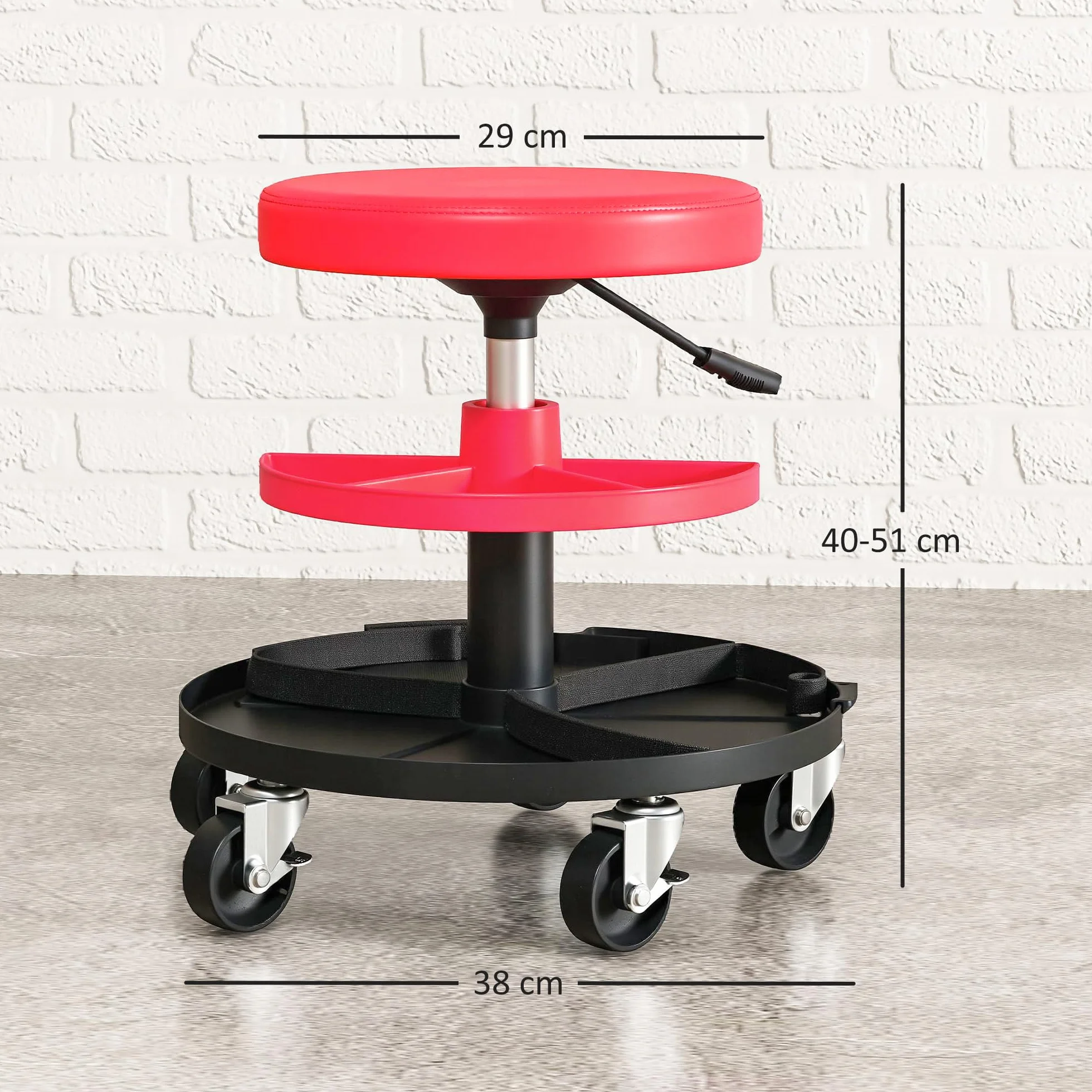 HOMCOM Sgabello da Officina con Ruote, Altezza Regolabile 40-51 cm, Sedile Imbottito, Capacità 135 kg, Rosso