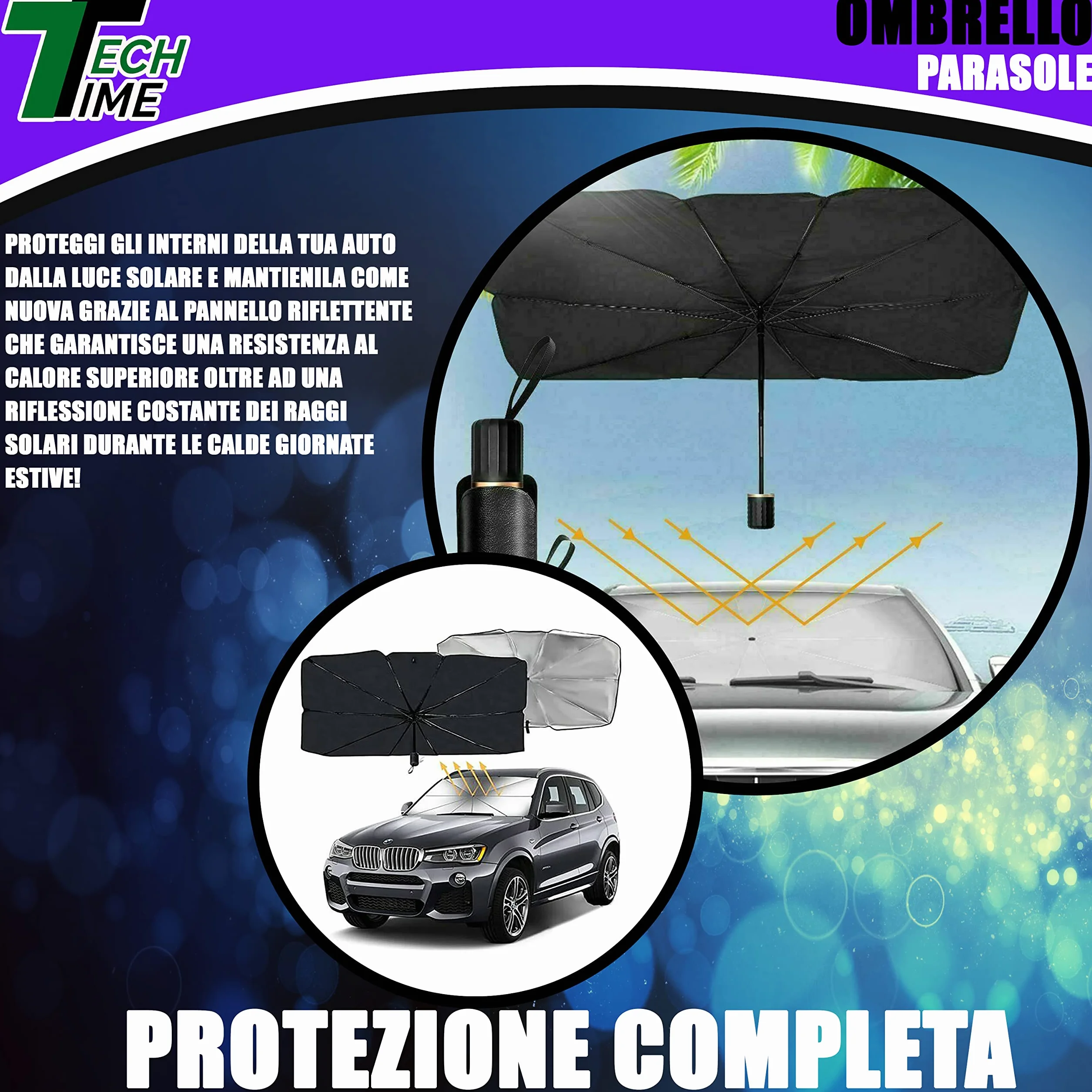 TechTime Parasole Auto Ombrello Pieghevole per Parabrezza Interni Macchina Schermo Anti-Uv GladeShade Telo Proteggi Cruscotto Copriparabrezza dal Sole Universale