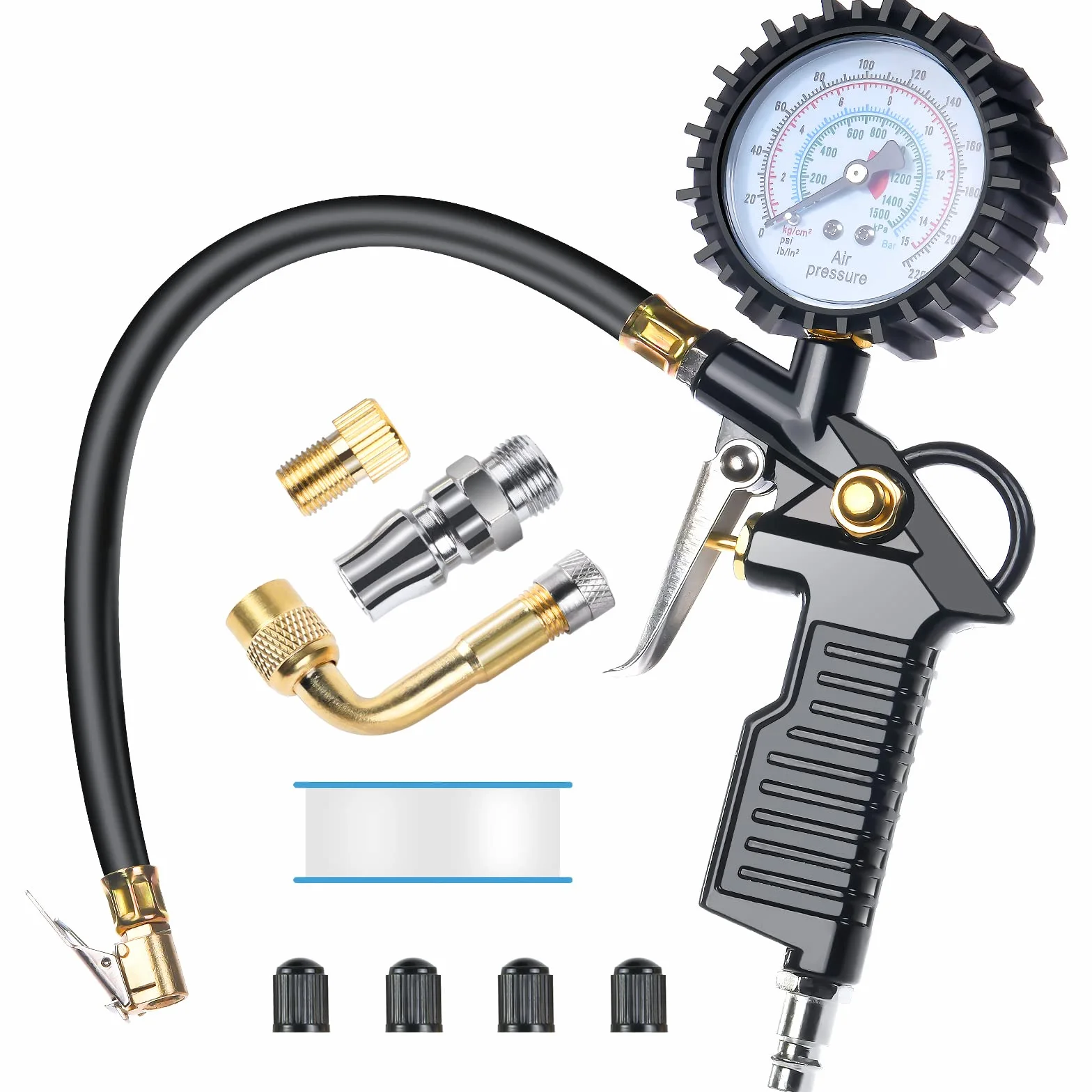 Manometro per Pneumatici 220PSI Pistola Digitale con Tappi Valvola, Ugelli e Prolunga 90°