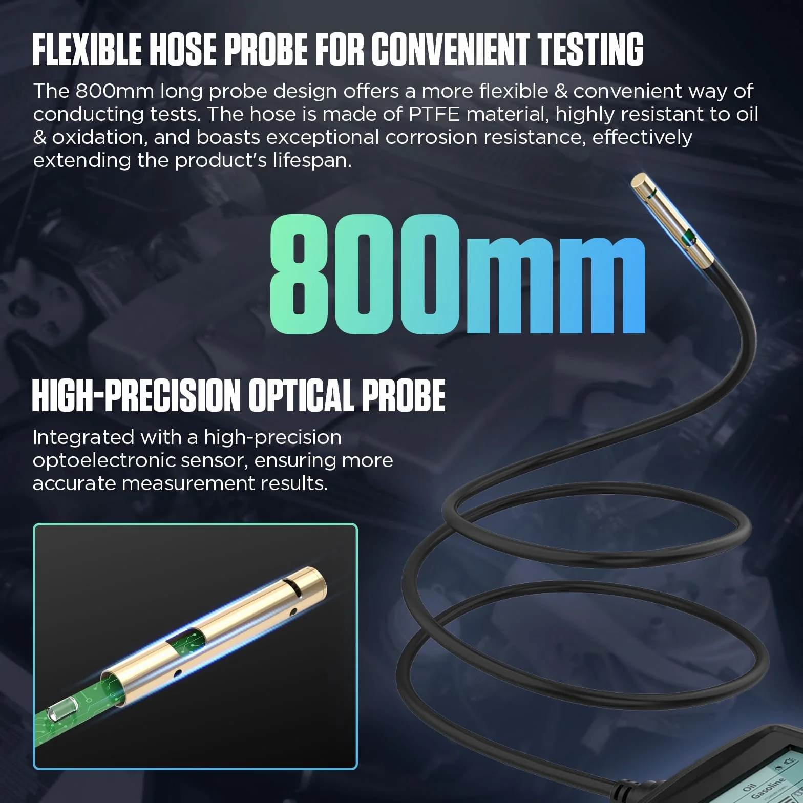 AS503 Kit tester olio motore, kit di test di qualità per olio motore benzina e diesel, rilevatore di trasmissione e temperatura con sonda flessibile da 31,5 pollici, display retroilluminato da 2,8