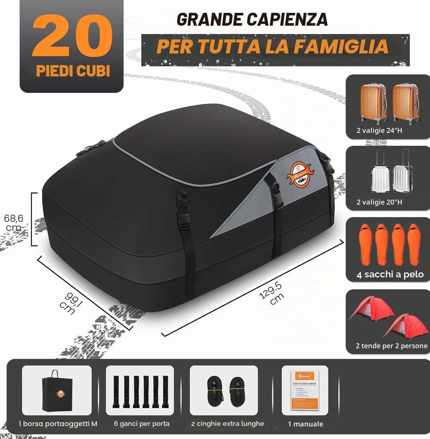 Sailnovo Box Tetto Auto 580L 20 piedi cubi Borsa da Trasporto Impermeabile con 6 ganci e 8 cinghie