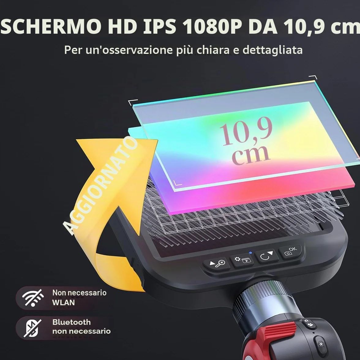 Ralcam Telecamera Endoscopica 4,3 Pollici 1080P HD Schermo LCD Sonda 8,5mm IP67 Impermeabile Boroscopio Snake 180° 10 LED 2M Cavo Semirigido