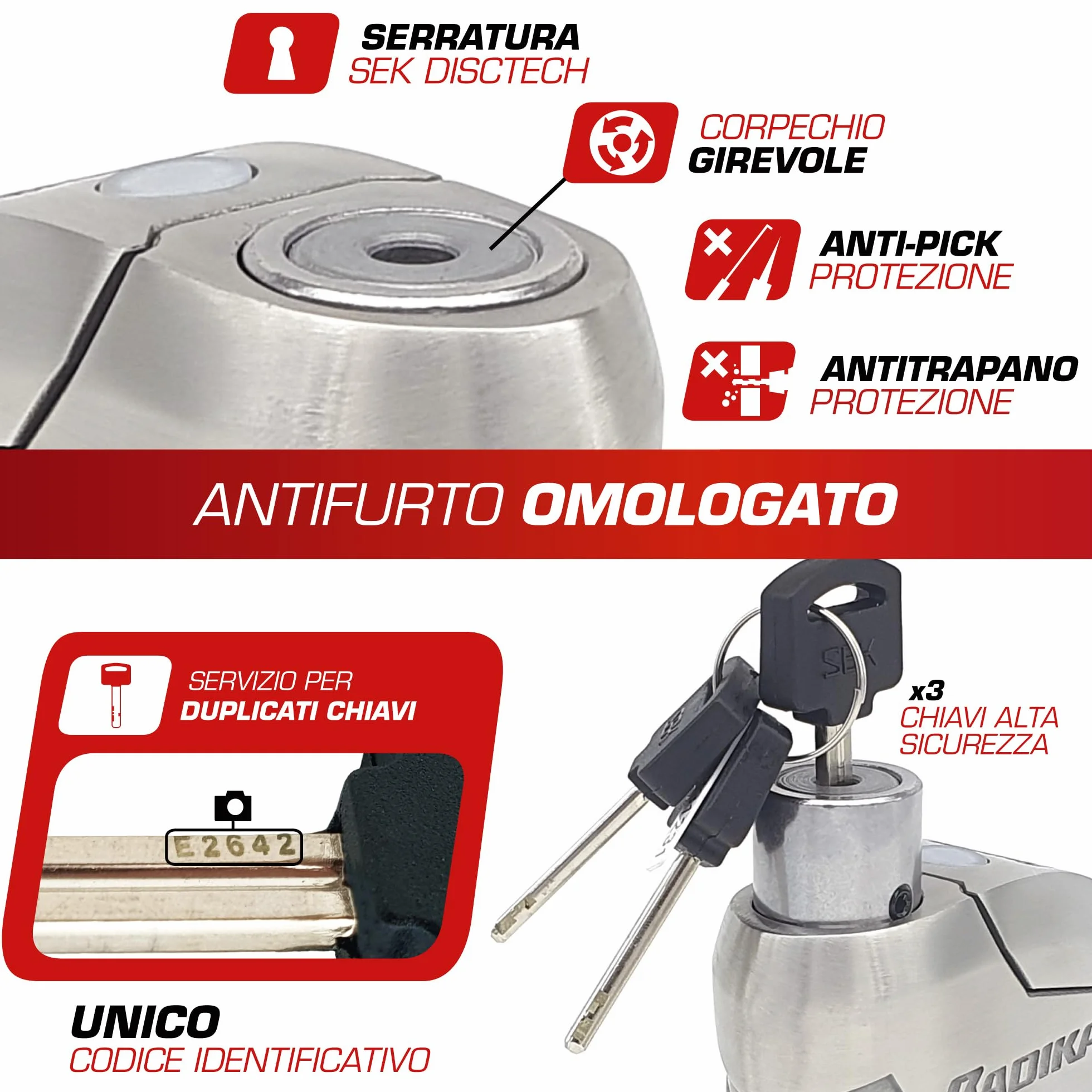 RADIKAL RK14S Antifurto Moto Blocca Disco Premium con Allarme | Attivazione a scelta, 120dB, Avviso LED, Warning Preallarme | Lucchetto Omologato SRA, Acciaio Inossidabile Doppio Bloccaggio ø14, Inox