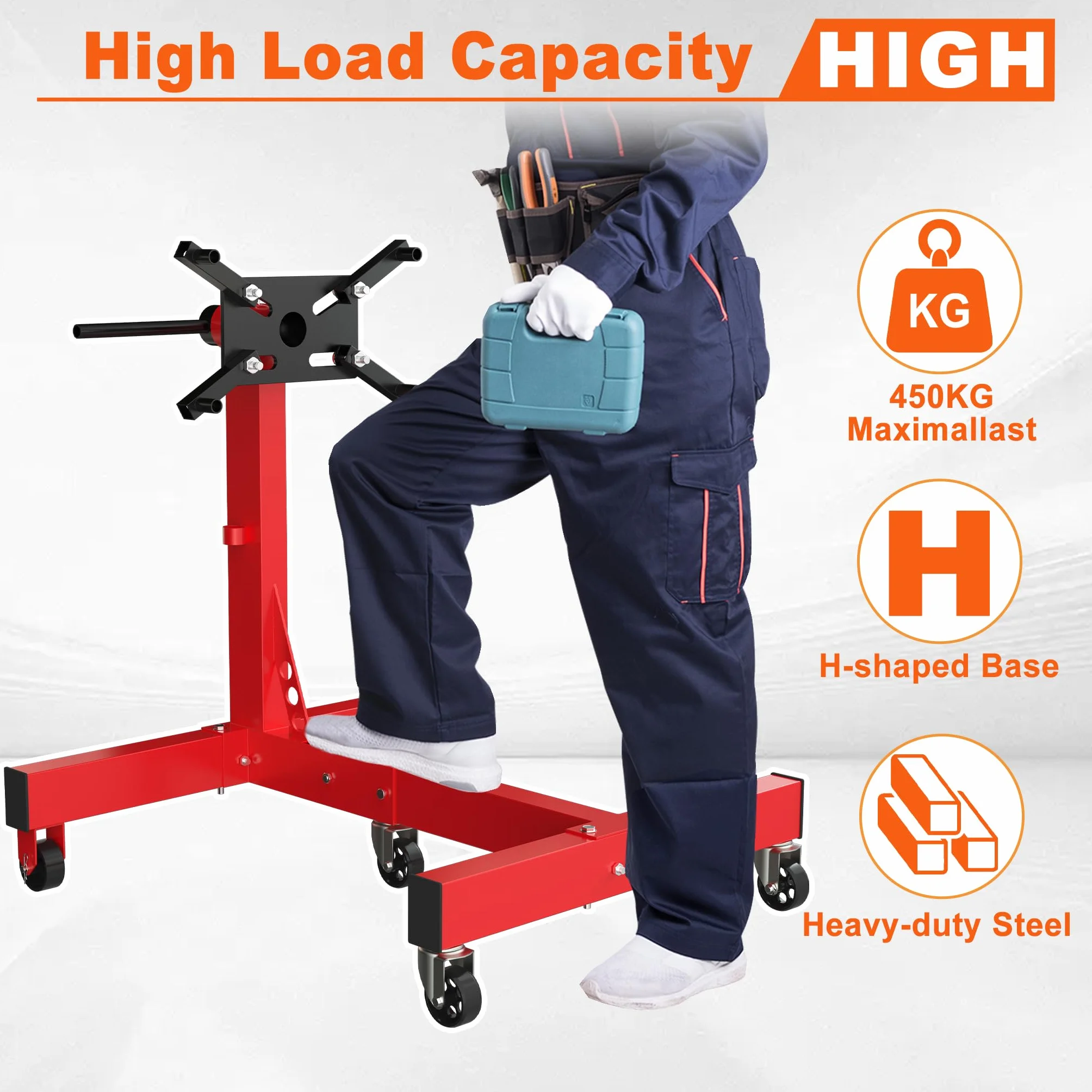 Supporto motore per auto pieghevole 680 kg 360° 4 bracci regolabili 5 ruote impugnatura antiscivolo