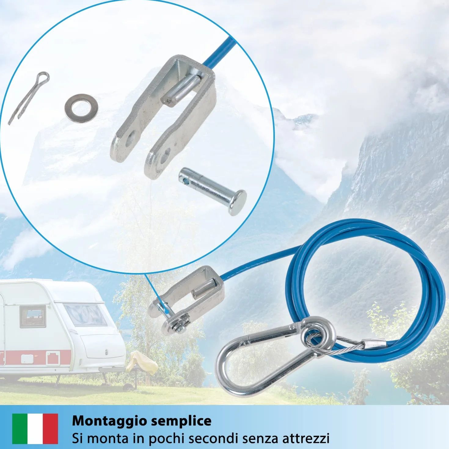 Cavo di sicurezza per rimorchi e caravan 1 m 250 kg blu con moschettone e testa a forcella