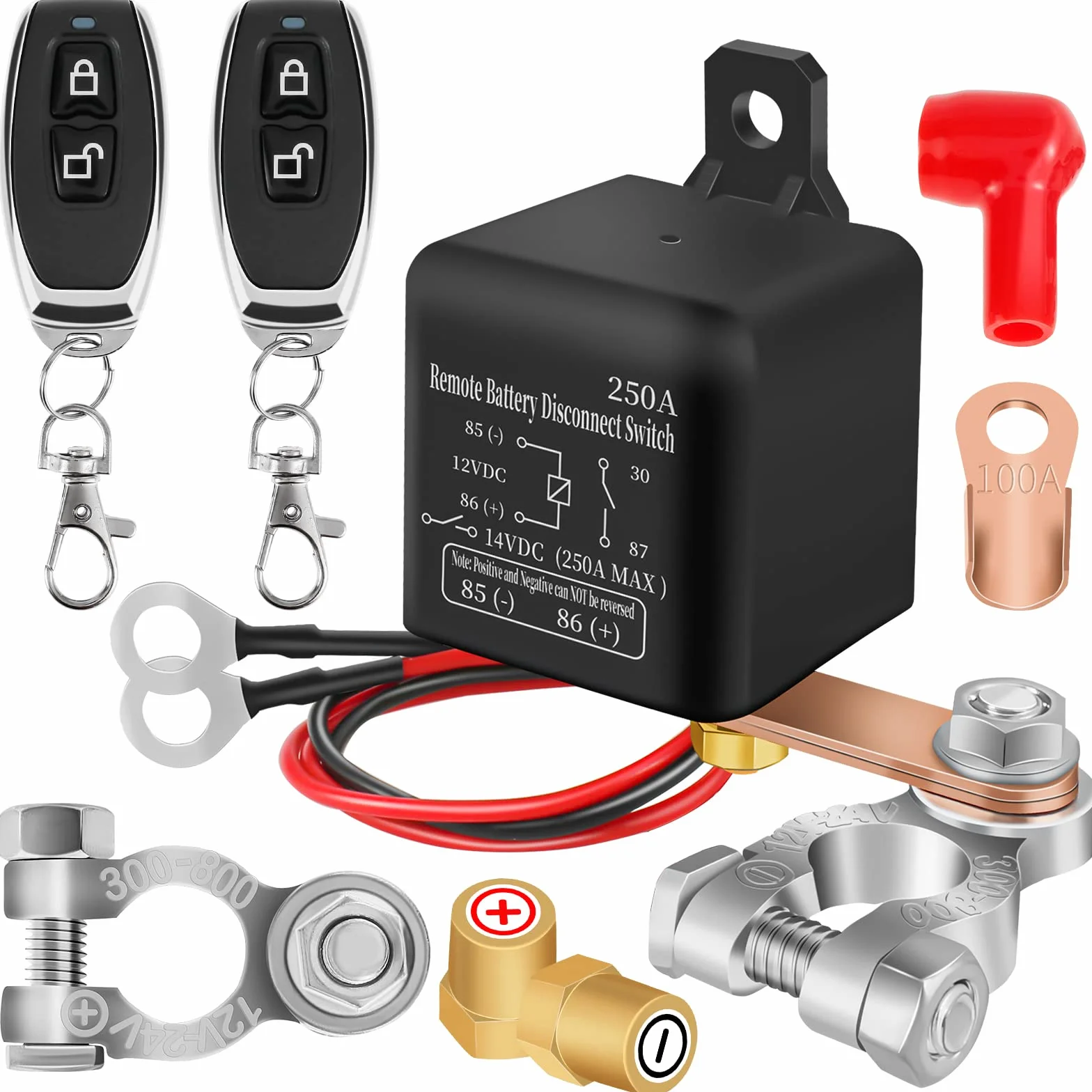 Stacca Batteria 12V Interruttore Relè 12V 250A Interruttore Batteria Con 2 Telecomandi Antifurto Auto Disconnessione Batteria Stacca Batteria per Auto Camion Moto Barca RV (250A)