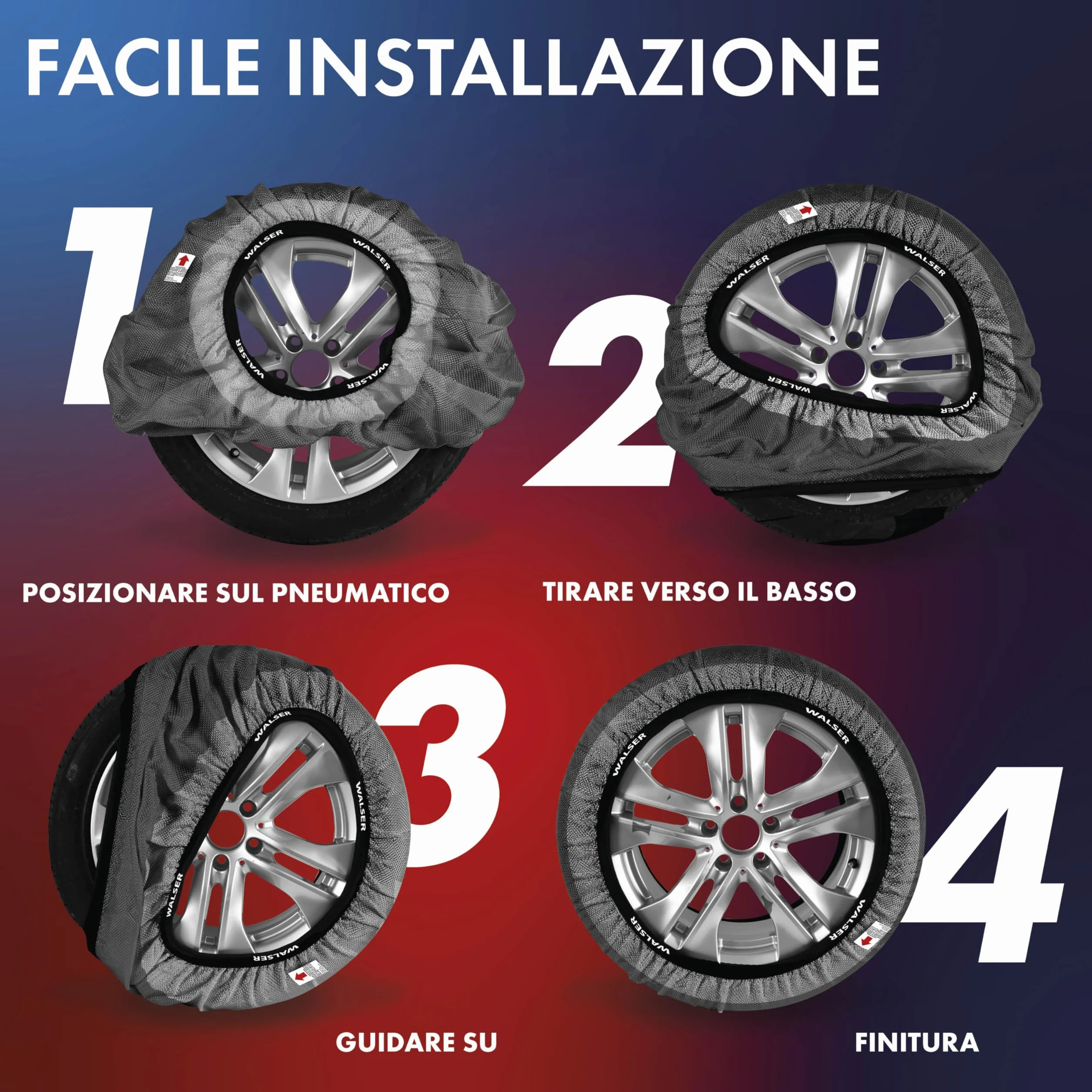 WALSER Premium Calze da Neve Omologate Italia EN 16662-1, Set di 2 Catene Invernali per Auto Grigio/Nero, Snow Sock R13-R22 XL