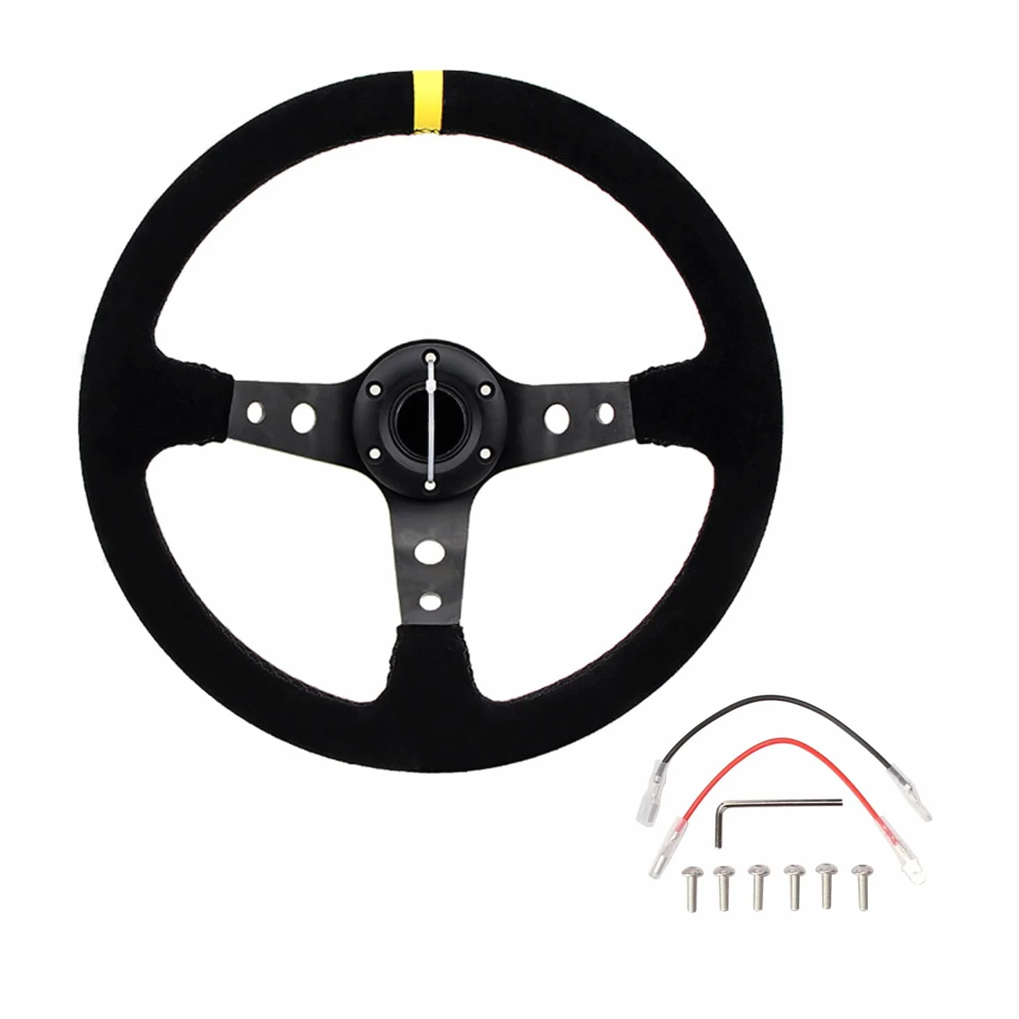 aleawol Volante sportivo universale per auto, 14 pollici, 350 mm, per motociclisti, in pelle scamosciata, da corsa, per la codifica automatica, imitazione di volanti da corsa (nero + giallo a righe)