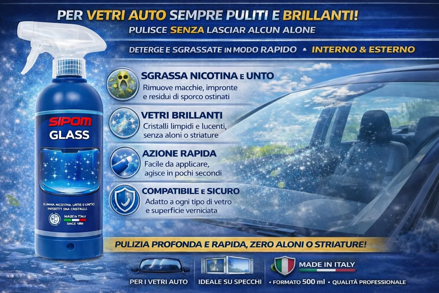 SIPOM GLASS Pulitore Vetri Auto Spray 500ml Detergente Vetri Senza Aloni Made in Italy